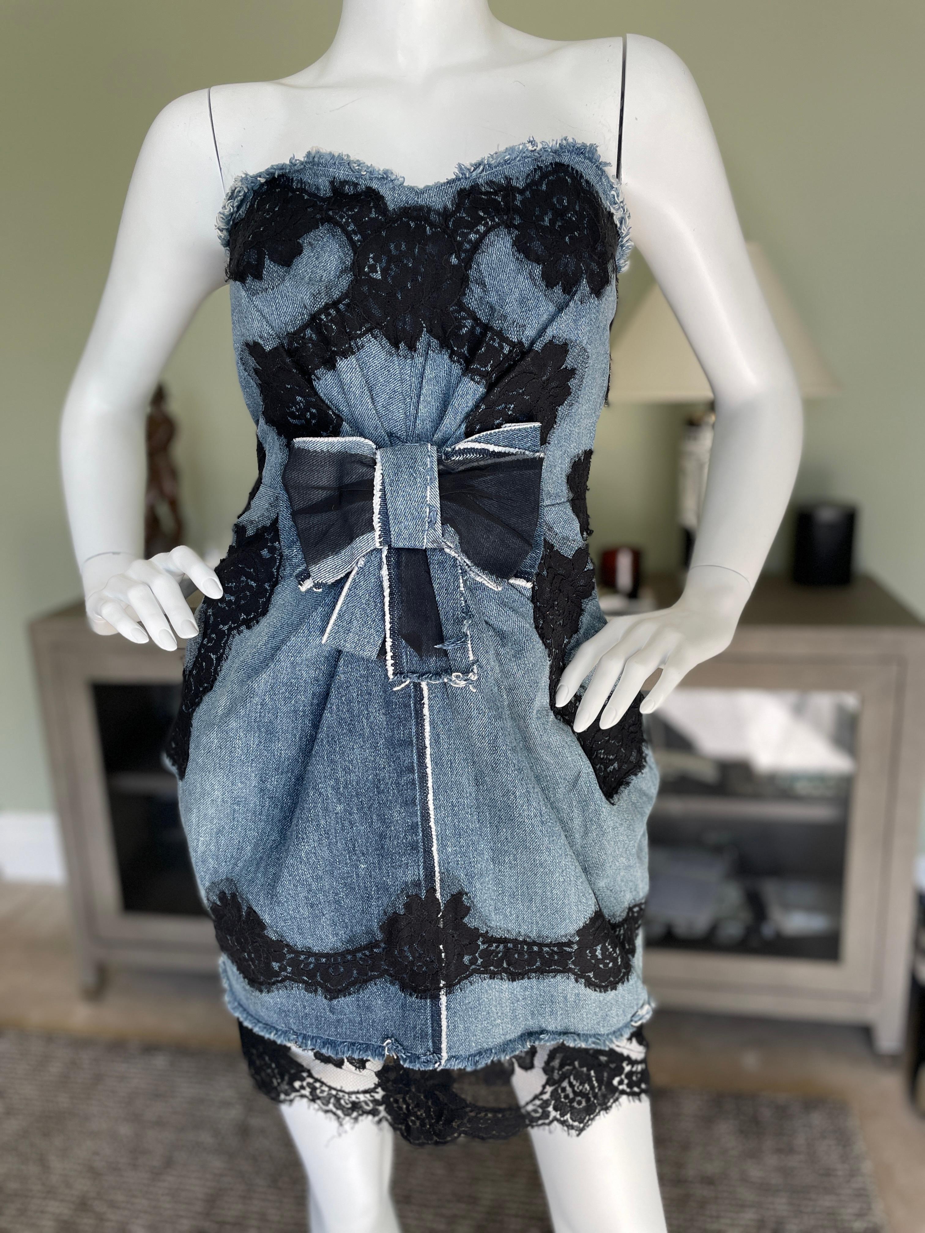 Dolce & Gabbana Vintage Strapless Lace Detail Distressed Denim Cocktail Dress with full Inner Corset
 This is so wonderful, so sexy. the photos don't do it justice.
Zips up the back
 There is a full corset.
  Size 40, but runs small. Measured lying