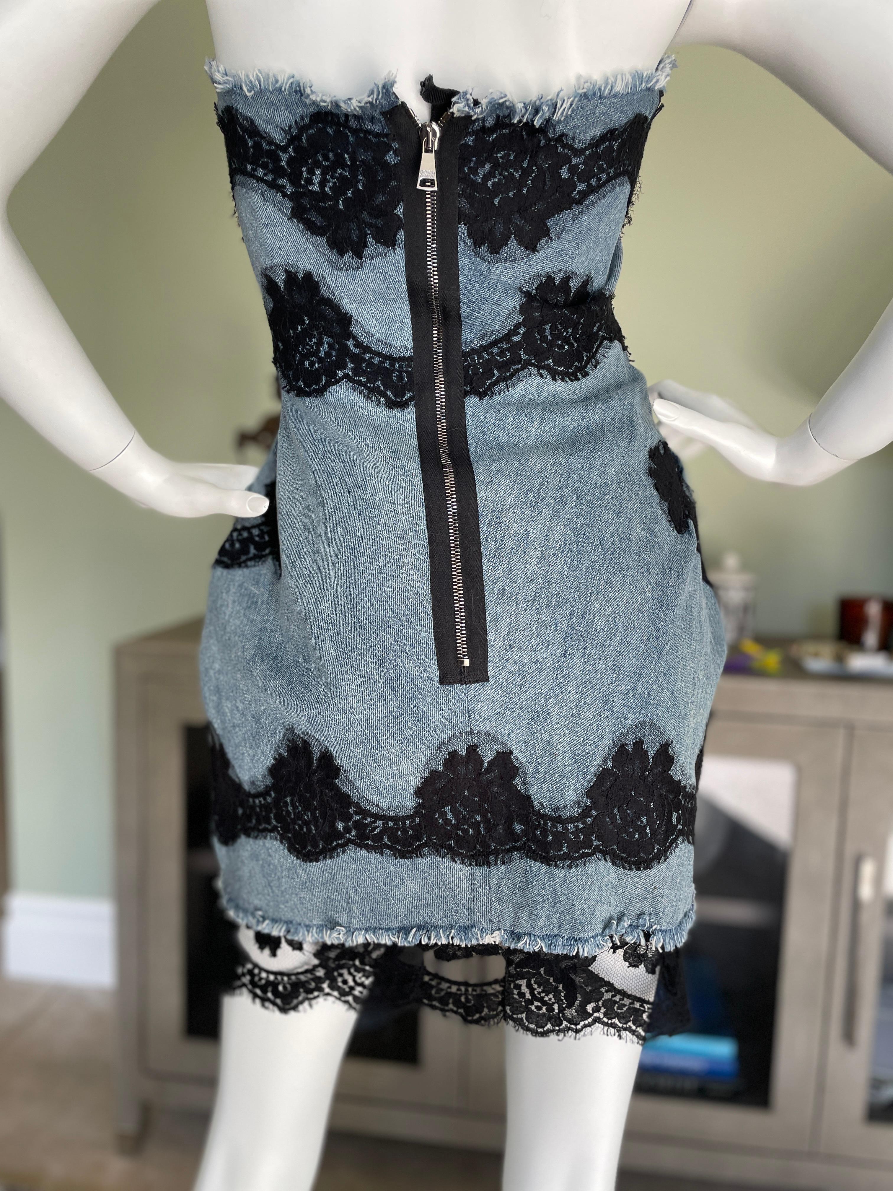 Dolce & Gabbana Vintage Strapless Distressed Denim Cocktail Dress with Lace Trim In Excellent Condition In Cloverdale, CA