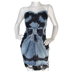 Dolce & Gabbana Vintage Strapless Distressed Denim Cocktail Dress with Lace Trim