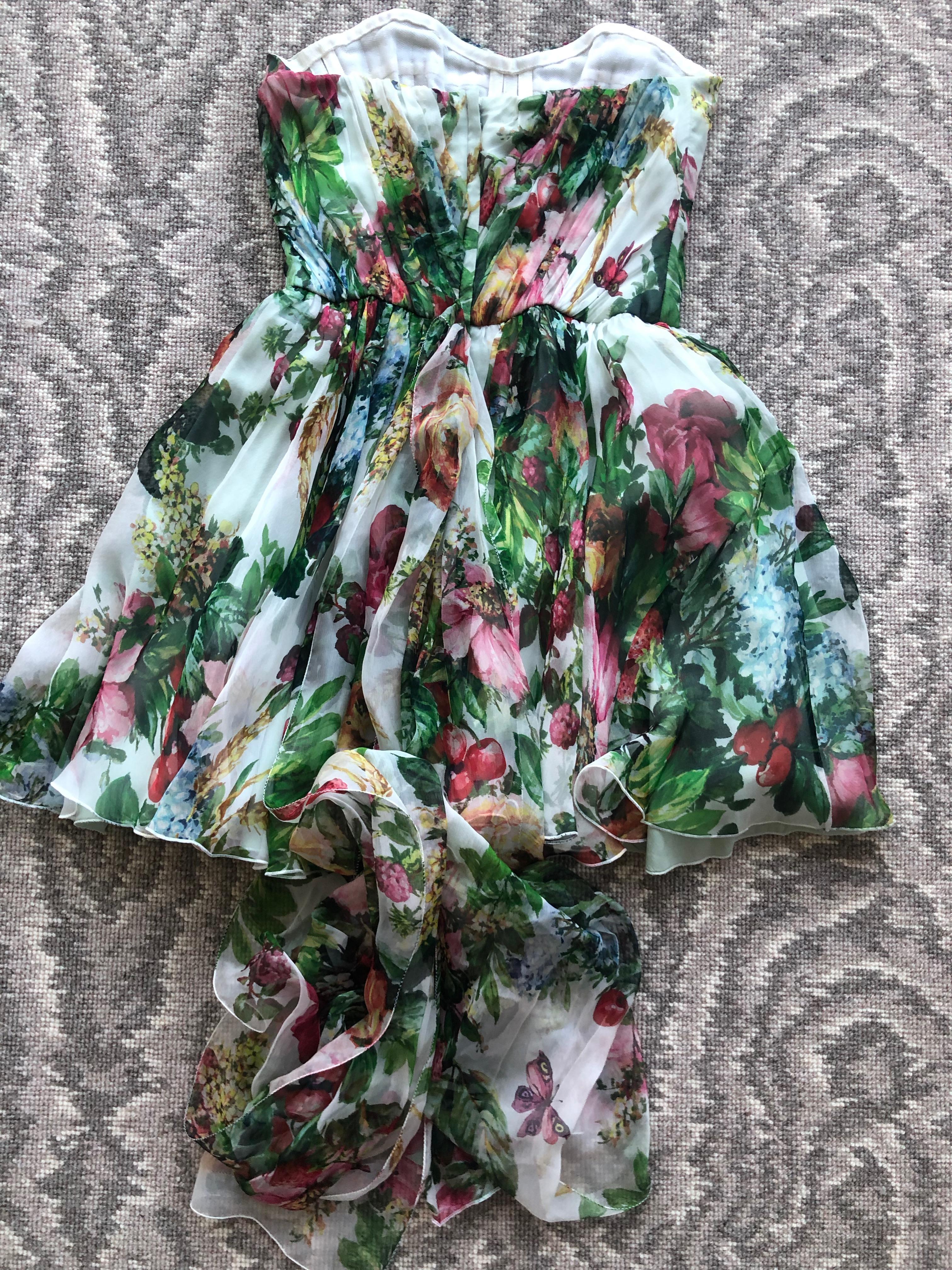 Dolce & Gabbana Vintage Strapless Floral Cocktail Dress w Full Corset and Sash For Sale 3
