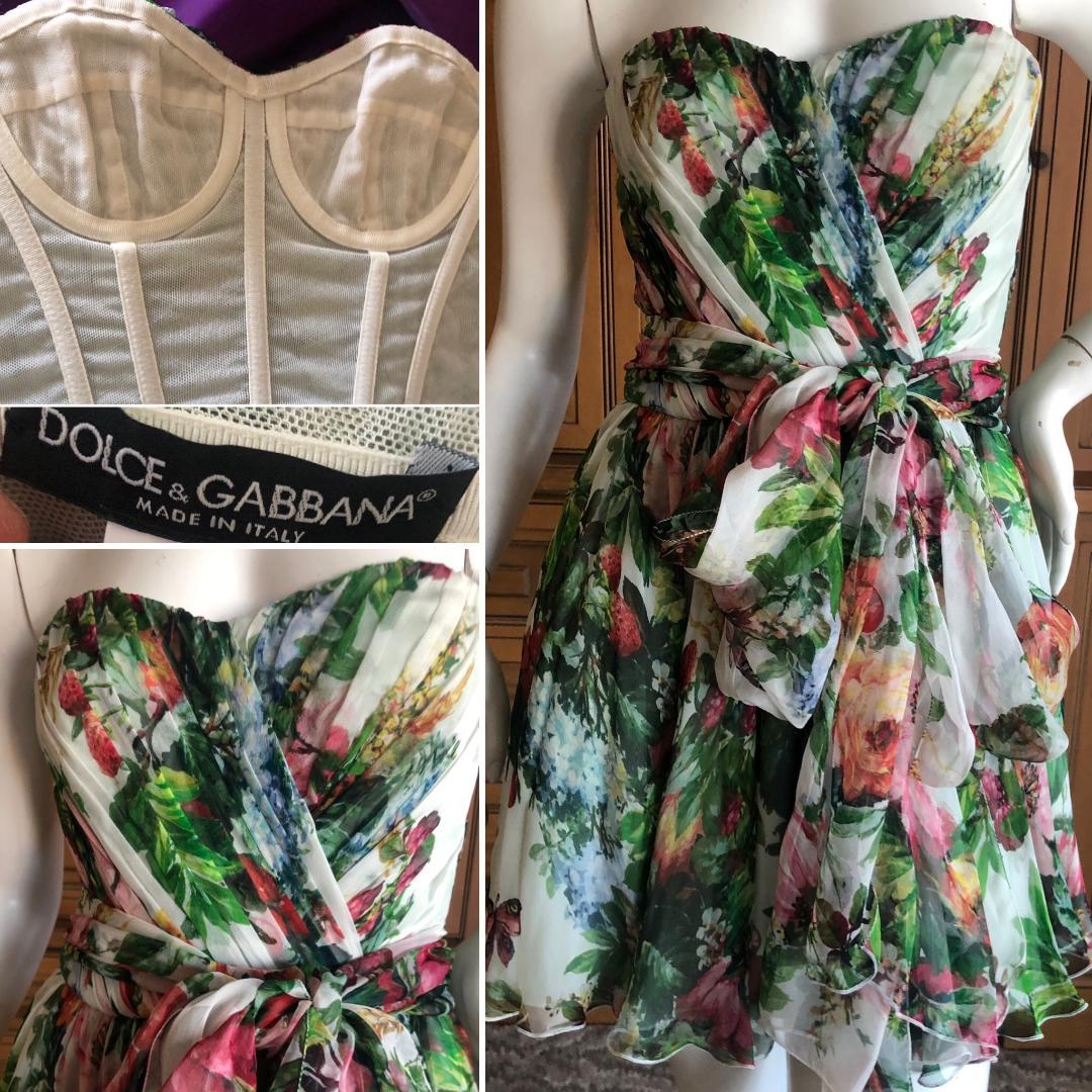 Dolce & Gabbana Vintage Strapless Floral Cocktail Dress w Full Corset and Sash For Sale 4