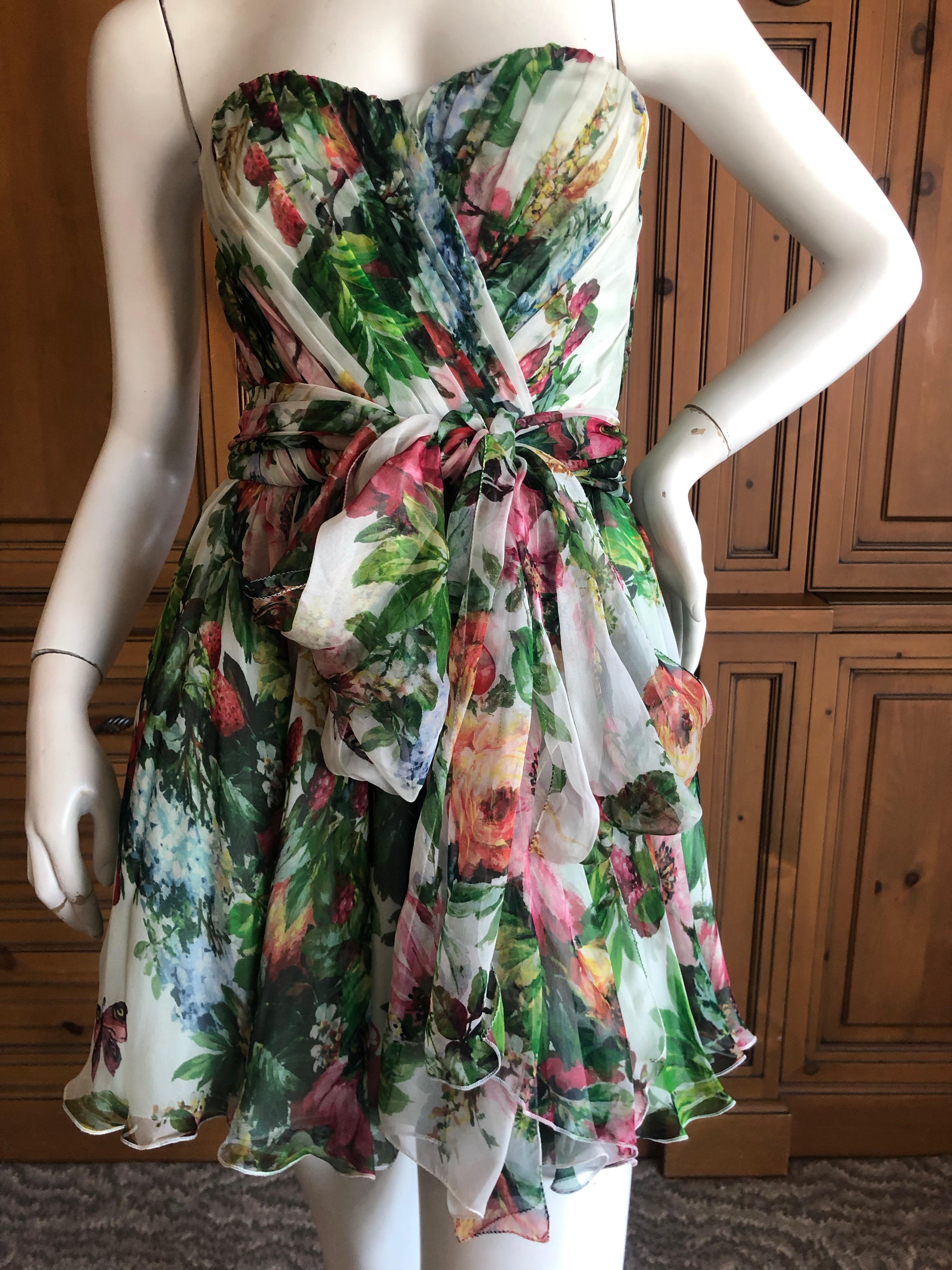 Gray Dolce & Gabbana Vintage Strapless Floral Cocktail Dress w Full Corset and Sash For Sale