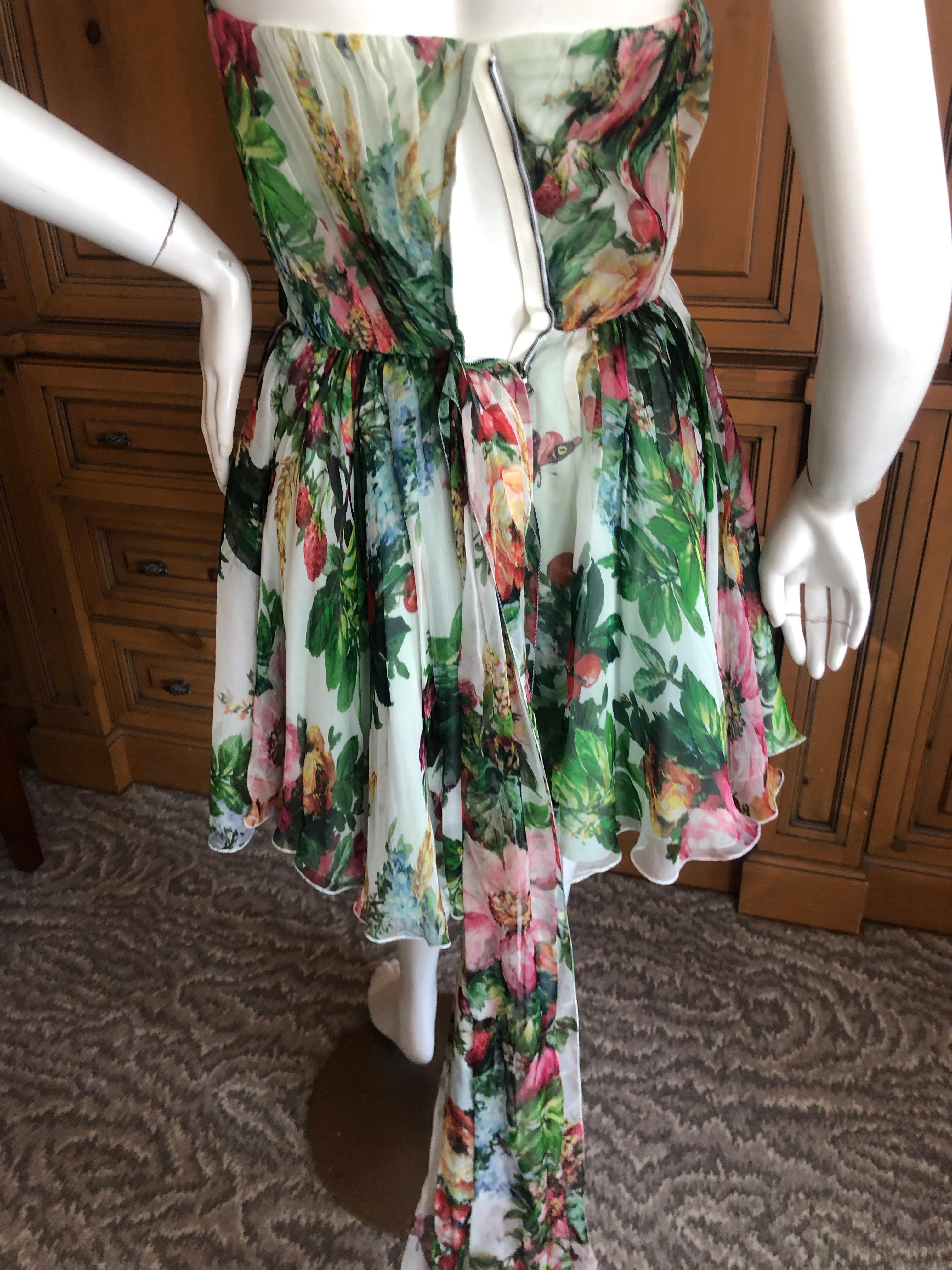Dolce & Gabbana Vintage Strapless Floral Cocktail Dress w Full Corset and Sash For Sale 2