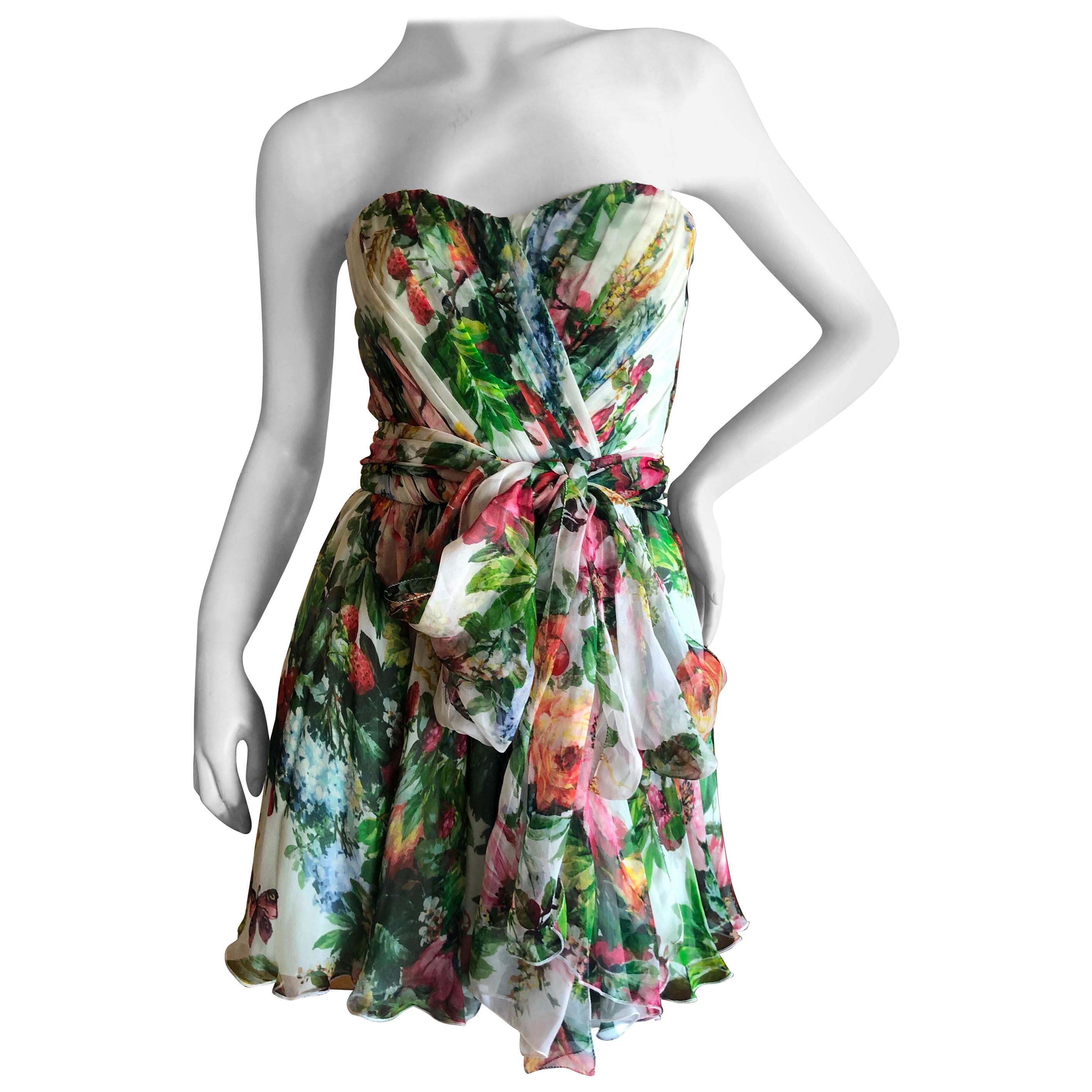 Dolce & Gabbana Vintage Strapless Floral Cocktail Dress w Full Corset and Sash For Sale