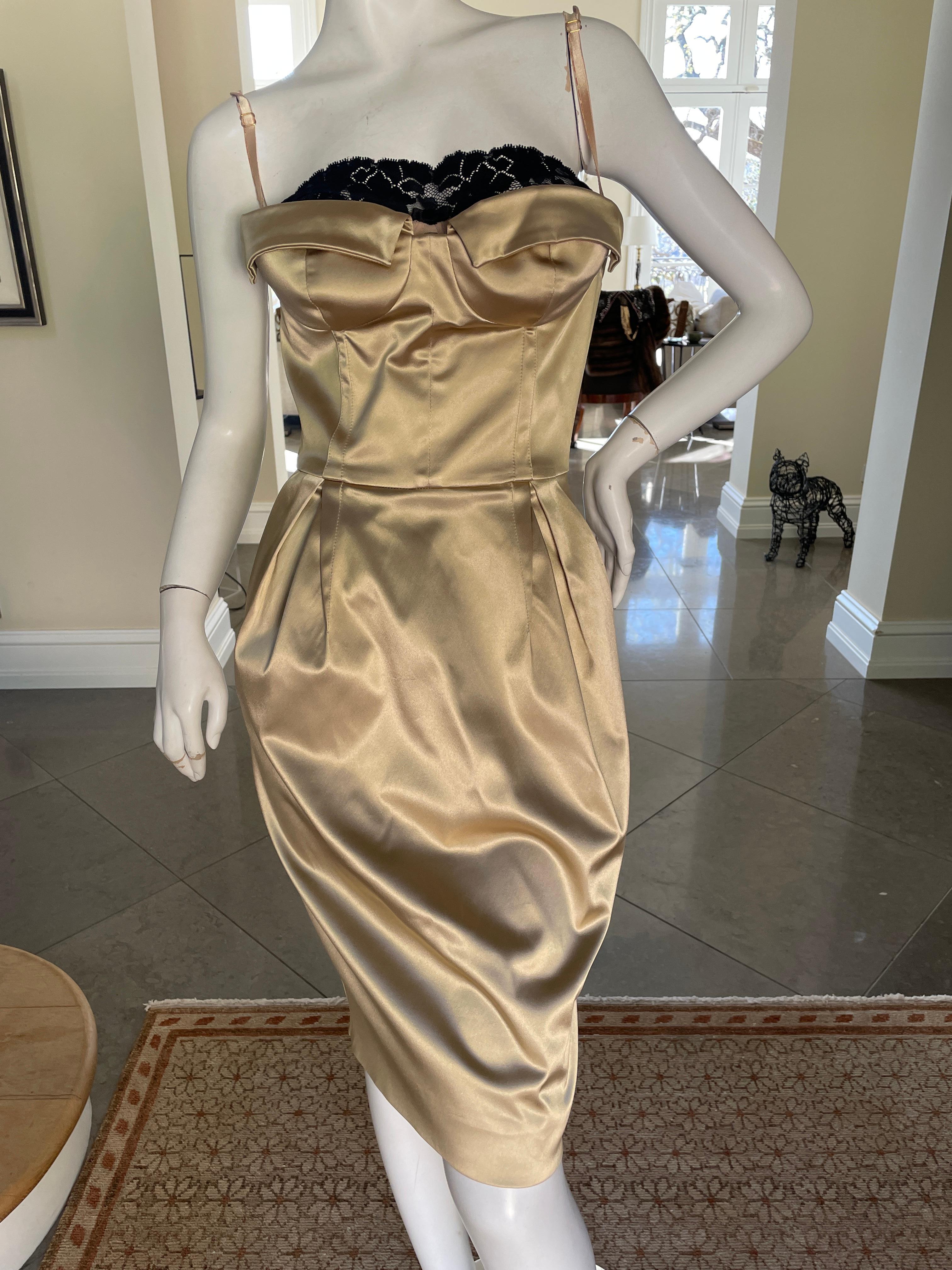 Dolce & Gabbana Vintage Strapless Gold Lace Trim Cocktail Dress w Leopard Lining For Sale 1