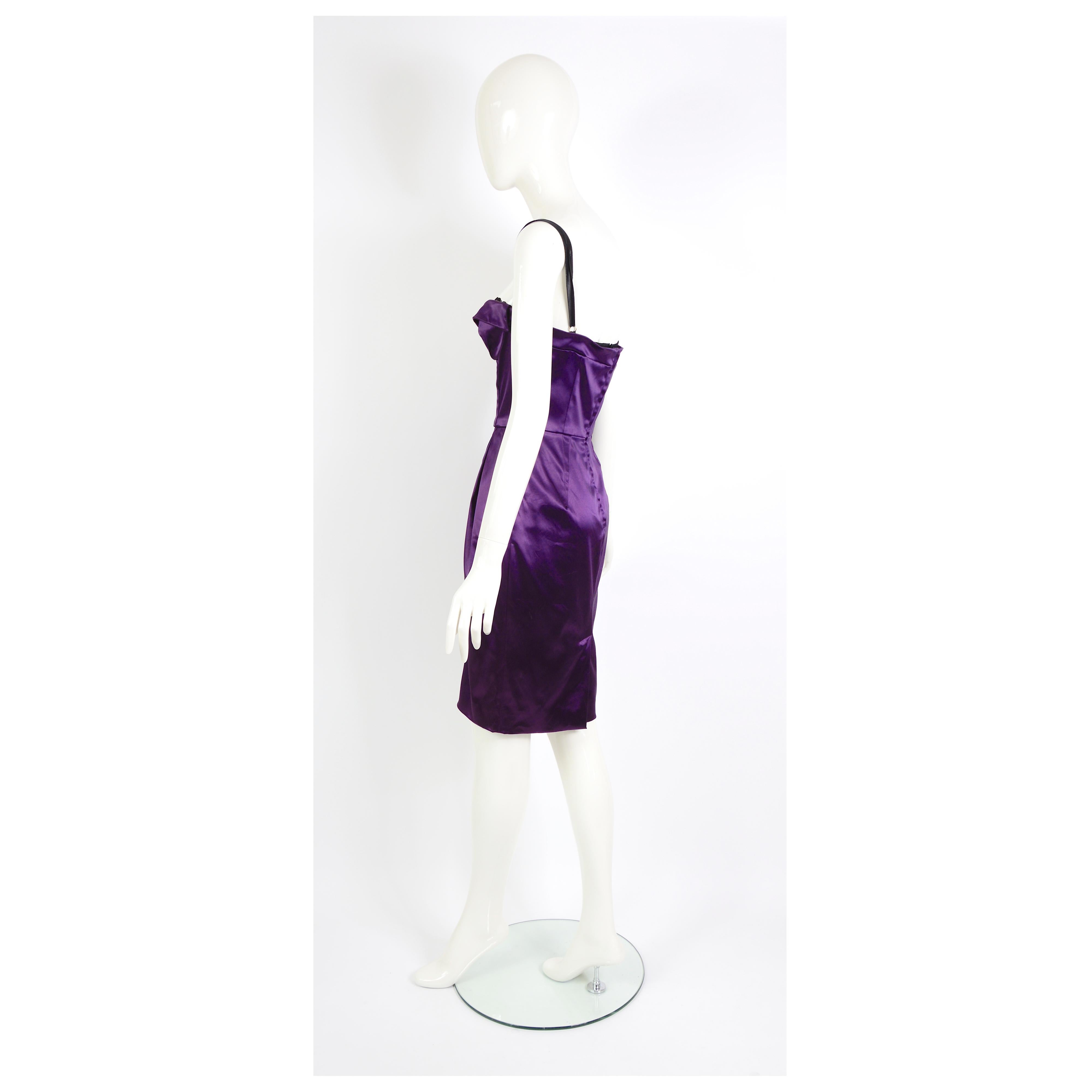 Dolce & Gabbana vintage sin tirantes  vestido morado con forro de leopardo y ribete de encaje en Excelente estado para la venta en Antwerpen, Vlaams Gewest