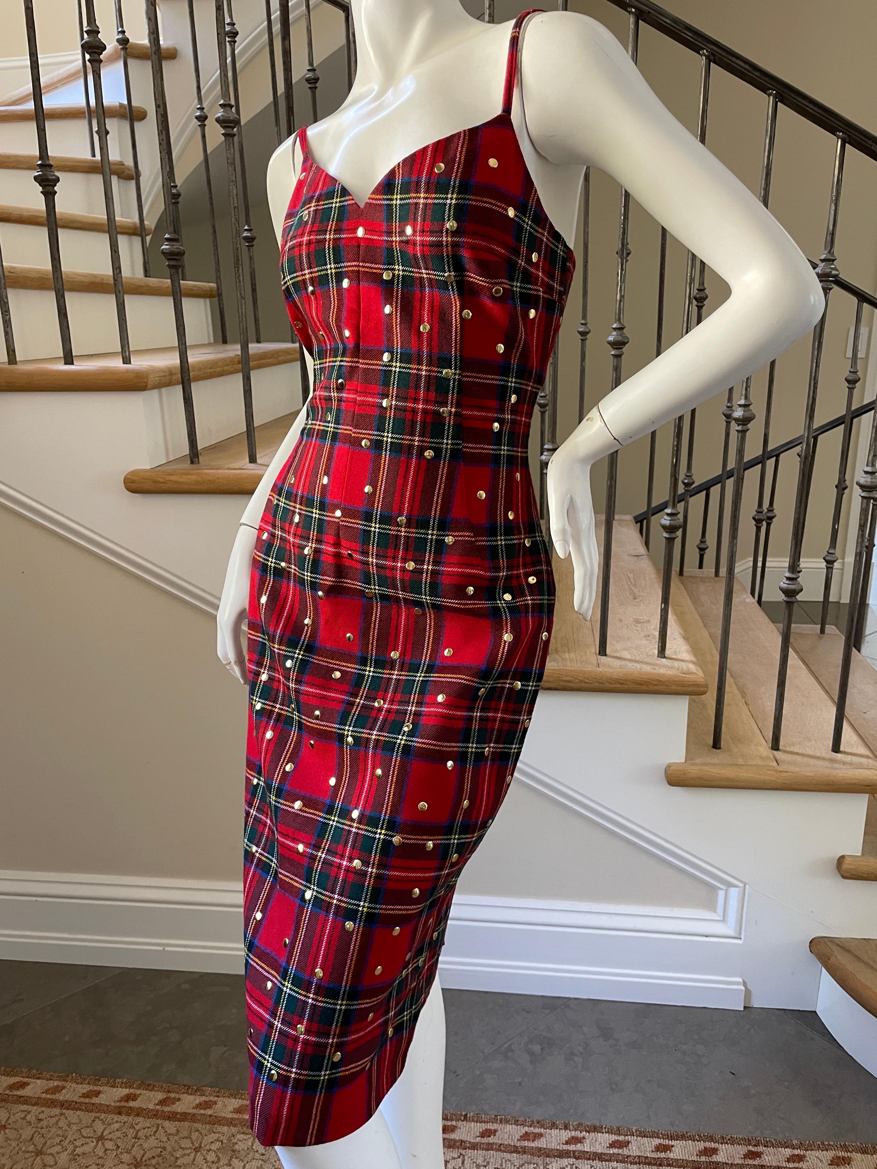 Dolce & Gabbana Vintage Studded Red Tartan Dress for D&G.
Size 44, but runs small. Measured lying flat, there is some stretch
 Bust 36