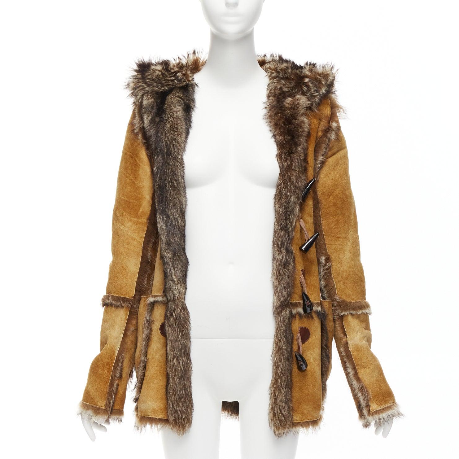 DOLCE GABBANA Vintage tan fur genuine sheepskin fur hooded toggle coat IT38 XS In Good Condition For Sale In Hong Kong, NT