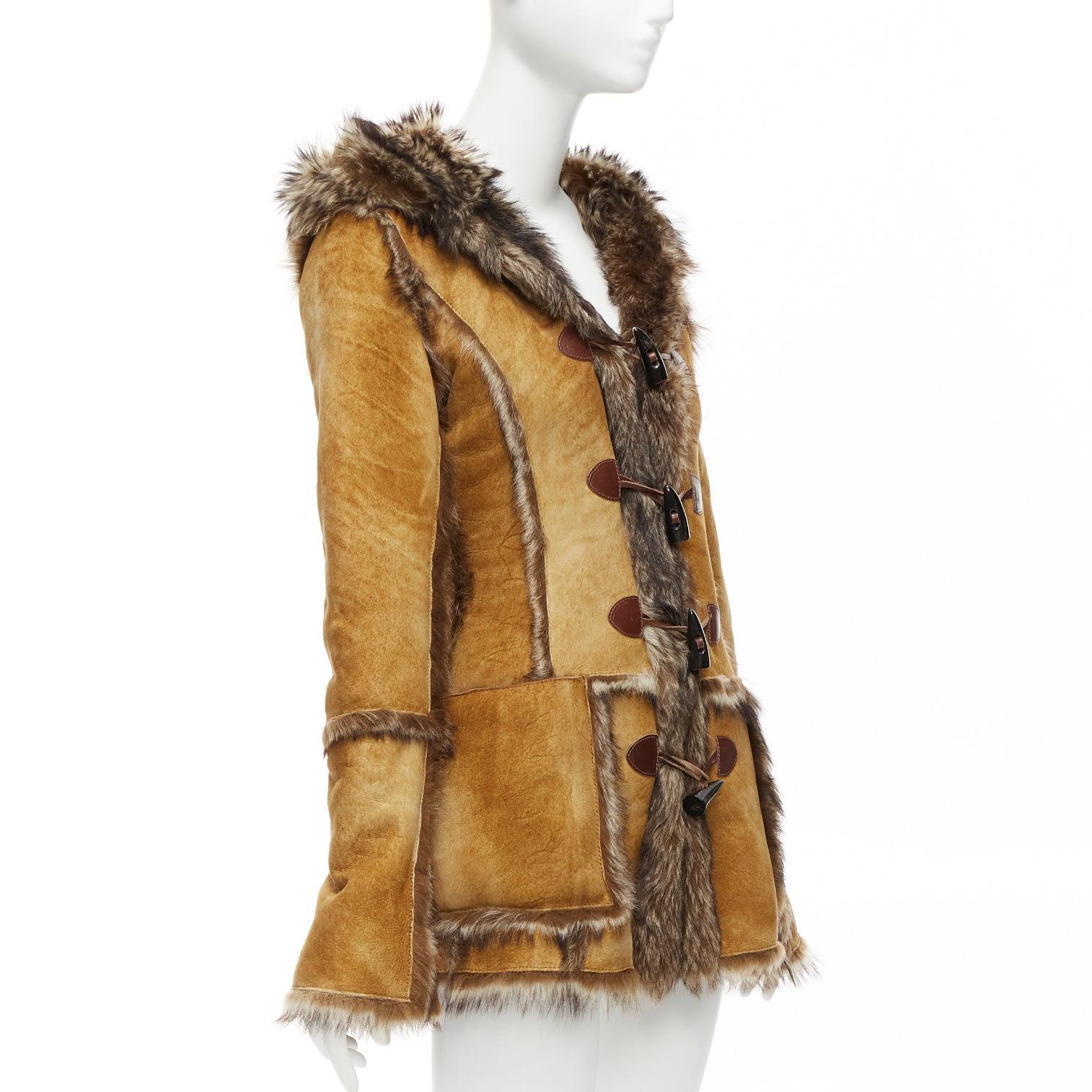Women's DOLCE GABBANA Vintage tan fur genuine sheepskin fur hooded toggle coat IT38 XS For Sale