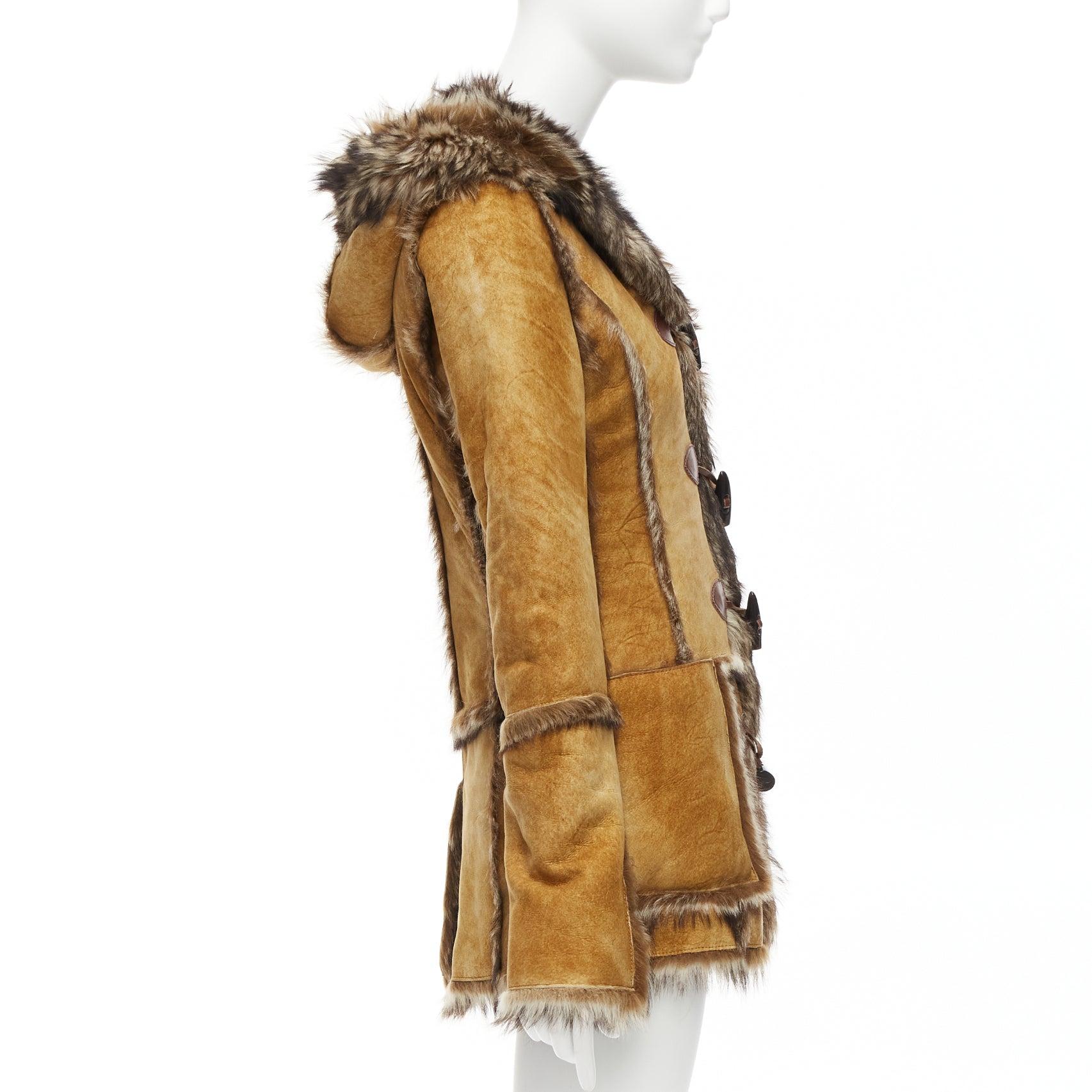 DOLCE GABBANA Vintage tan fur genuine sheepskin fur hooded toggle coat IT38 XS For Sale 1