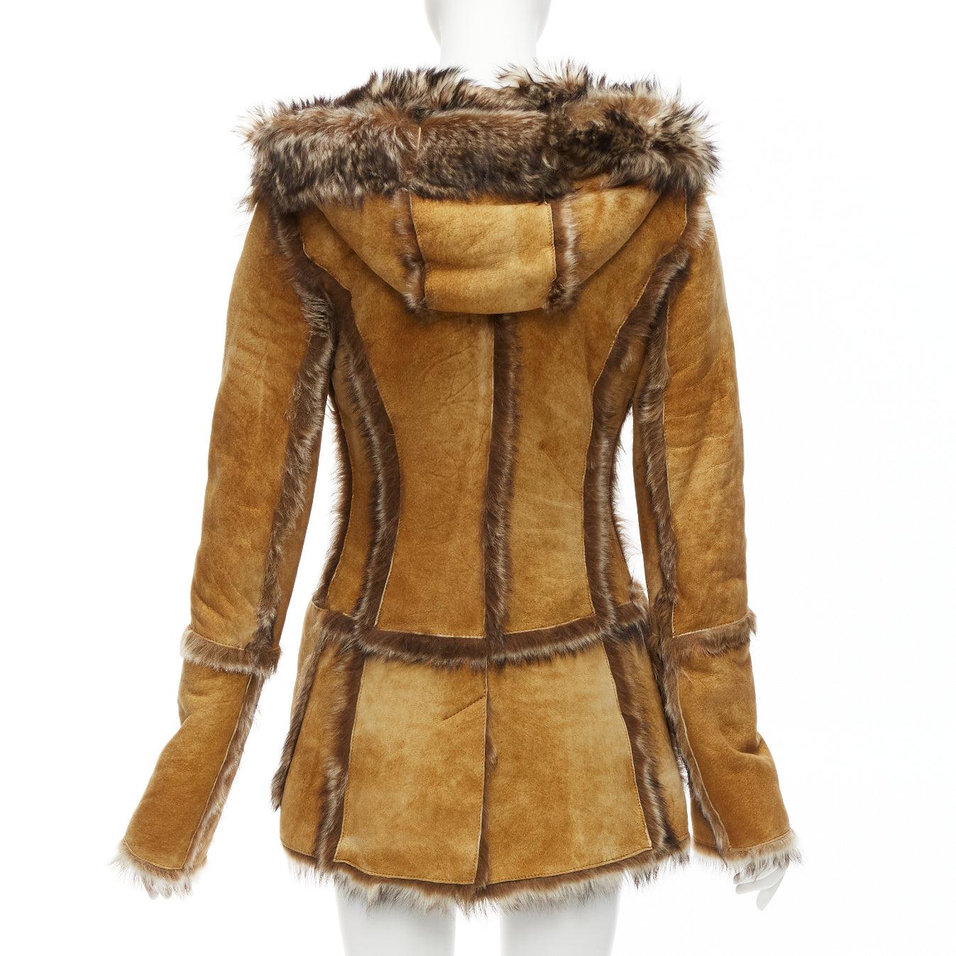 DOLCE GABBANA Vintage tan fur genuine sheepskin fur hooded toggle coat IT38 XS For Sale 2