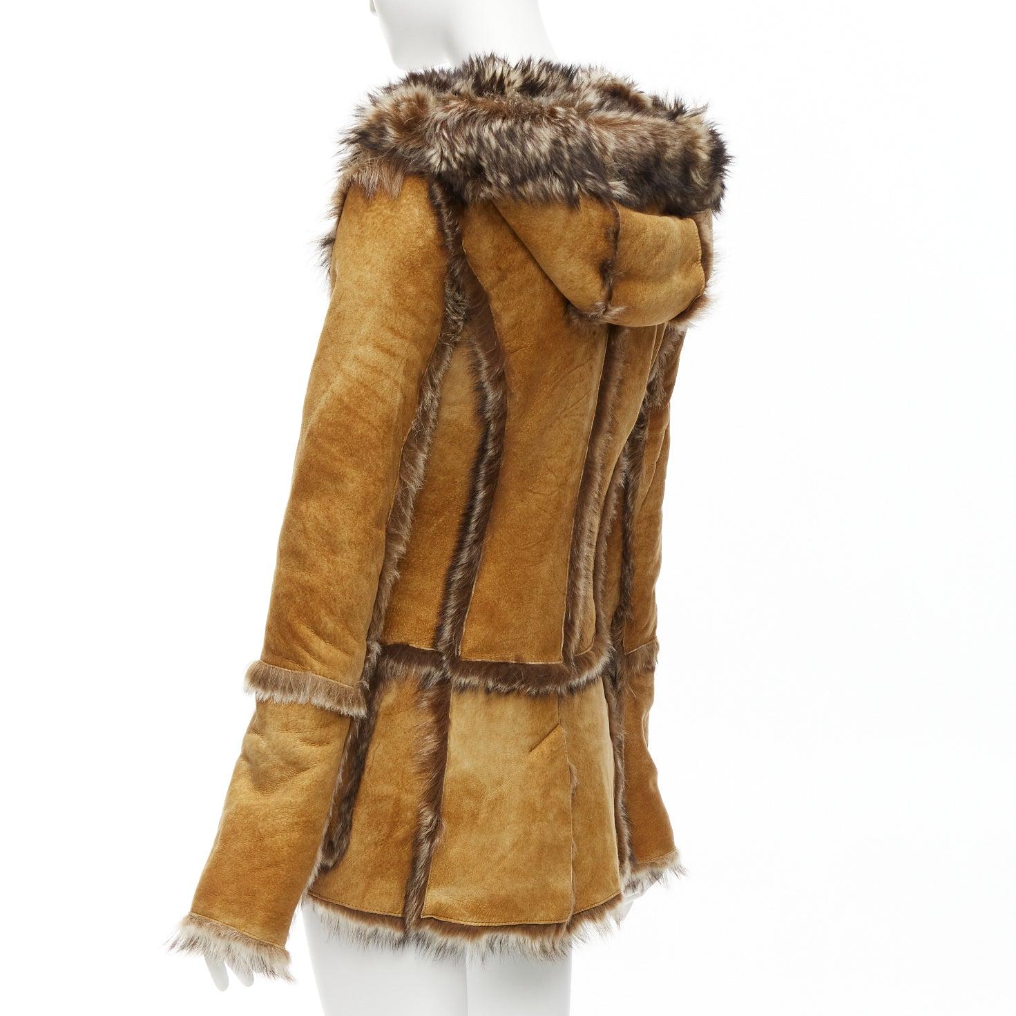 DOLCE GABBANA Vintage tan fur genuine sheepskin fur hooded toggle coat IT38 XS For Sale 3