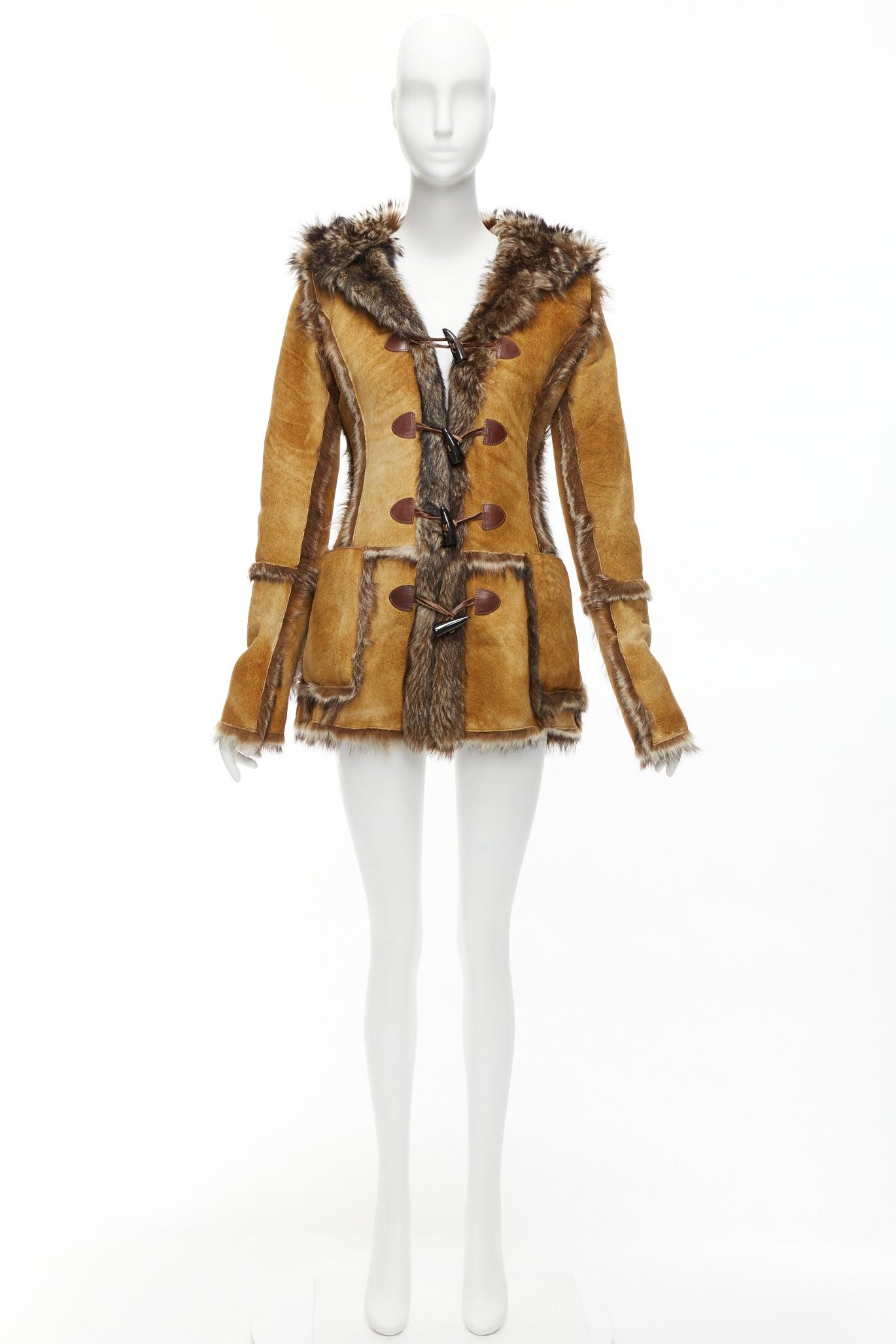 DOLCE GABBANA Vintage tan fur genuine sheepskin fur hooded toggle coat IT38 XS For Sale 4