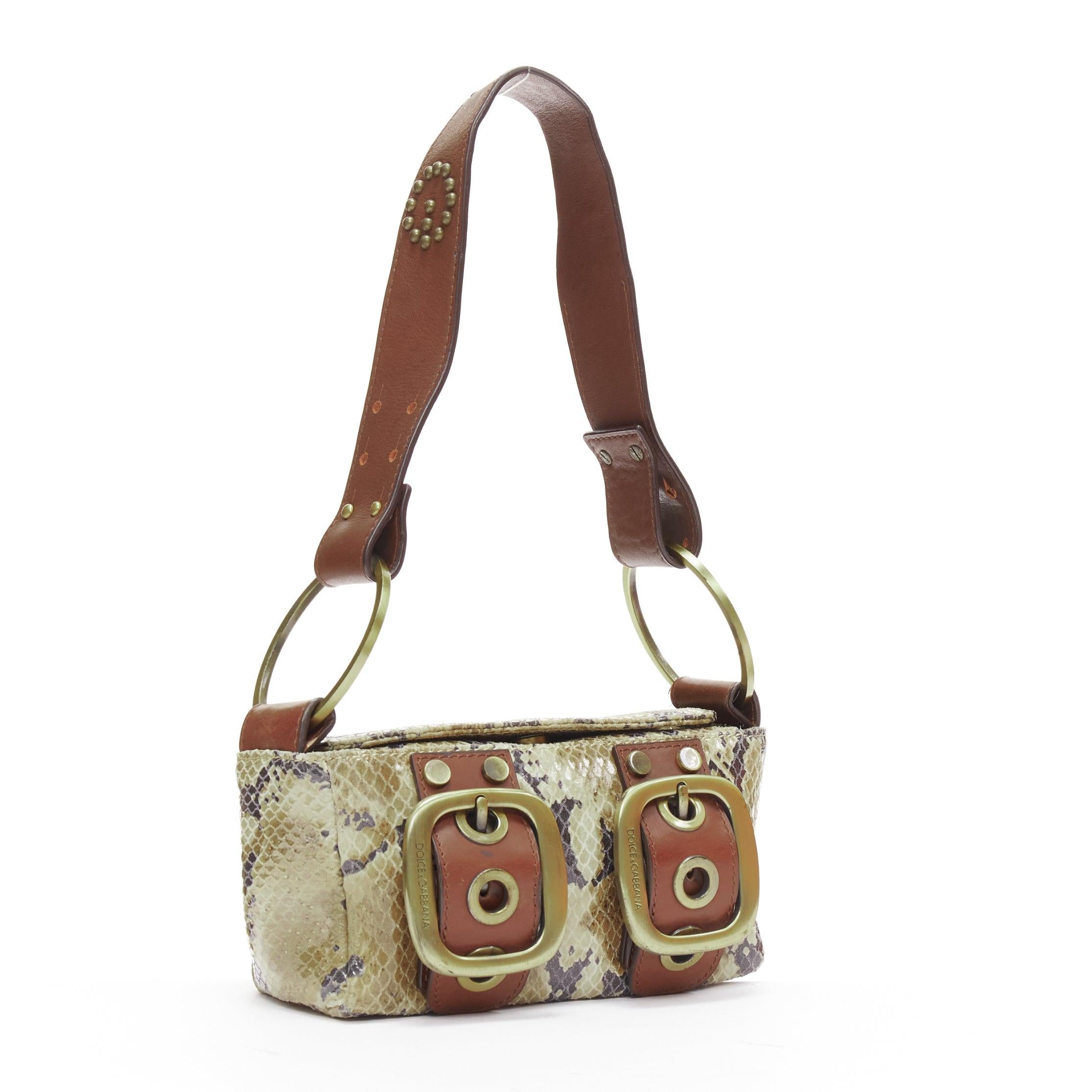 Beige DOLCE GABBANA Vintage Y2K beige textured leather dual buckle boxy shoulder bag