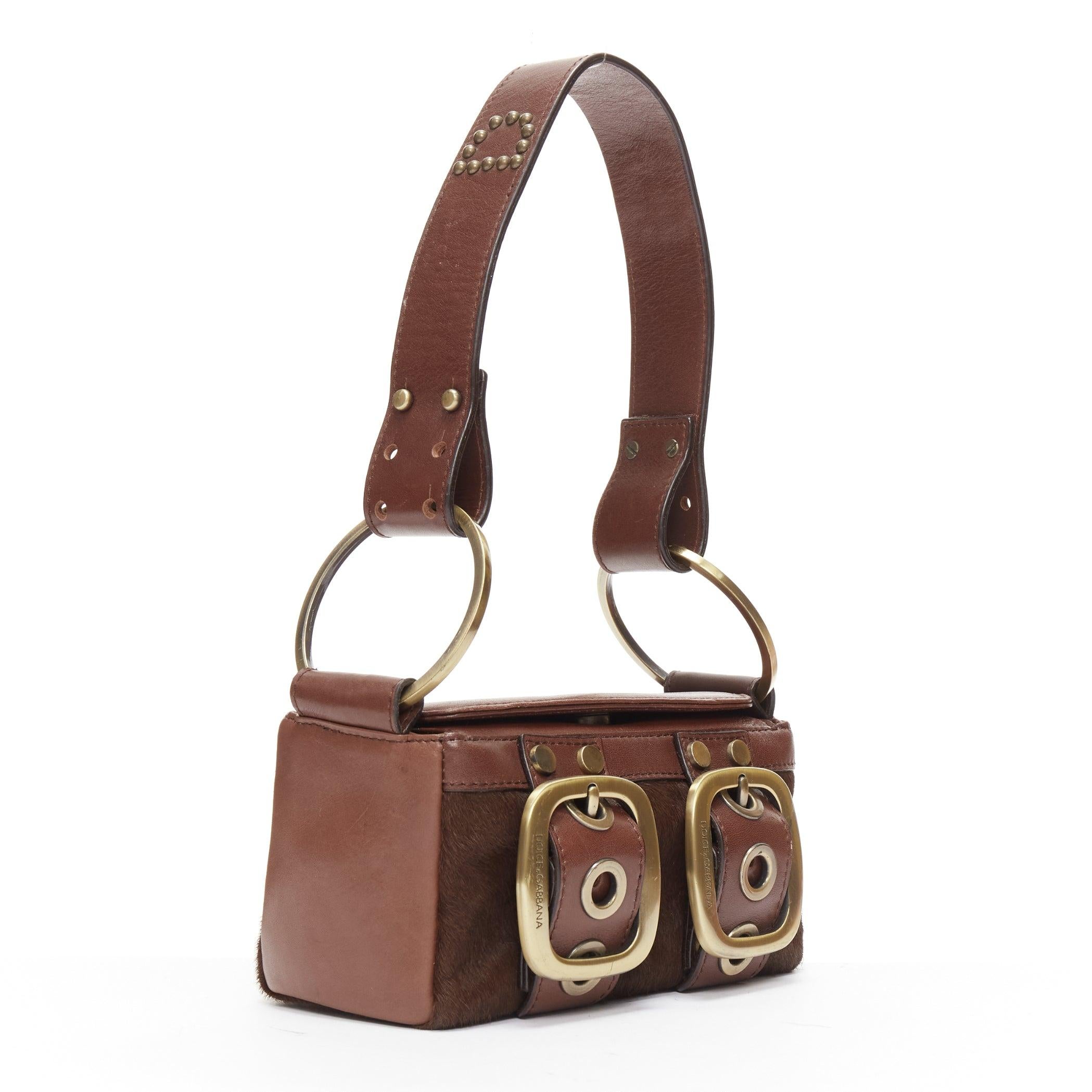 DOLCE GABBANA Vintage Y2K brown calfskin leather bronze buckle boxy shoulder bag In Good Condition In Hong Kong, NT