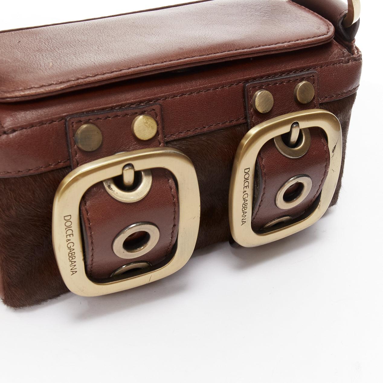 DOLCE GABBANA Vintage Y2K brown calfskin leather bronze buckle boxy shoulder bag 3