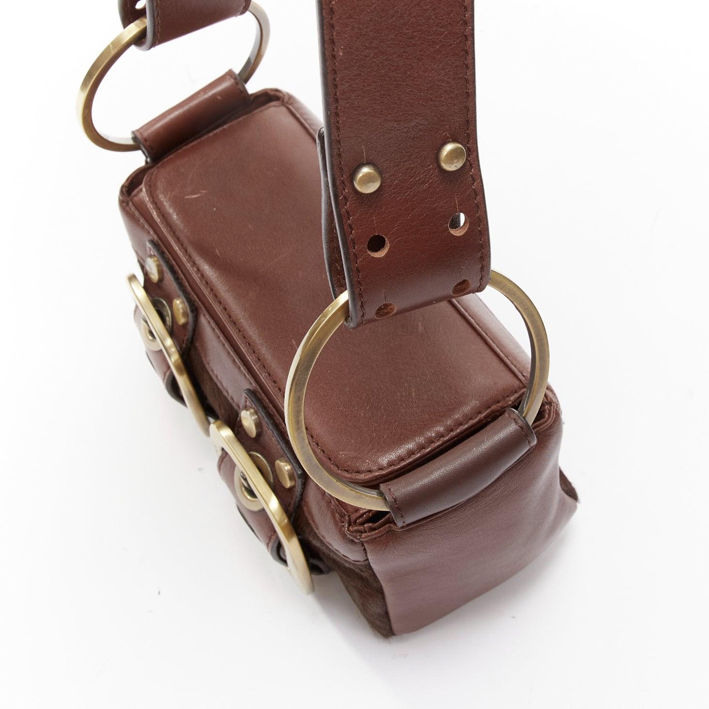 DOLCE GABBANA Vintage Y2K brown calfskin leather bronze buckle boxy shoulder bag 4