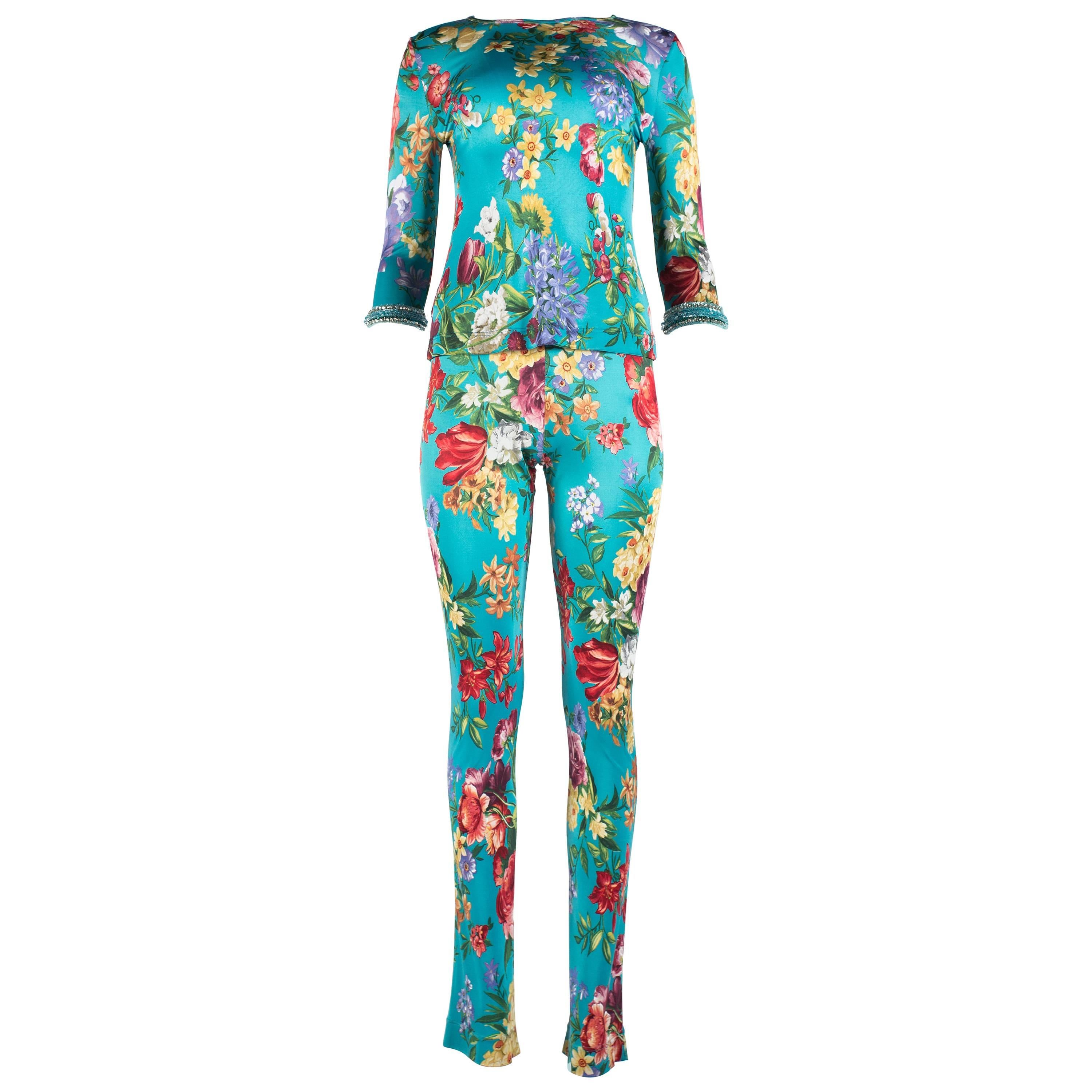 Dolce & Gabbana viscose jersey turquoise floral pant suit, circa 1999