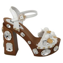 Dolce & Gabbana white and brown cloth ankle strap sandals heels