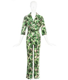Dolce & Gabbana white and green foliage print silk linen pant suit, ss 1997