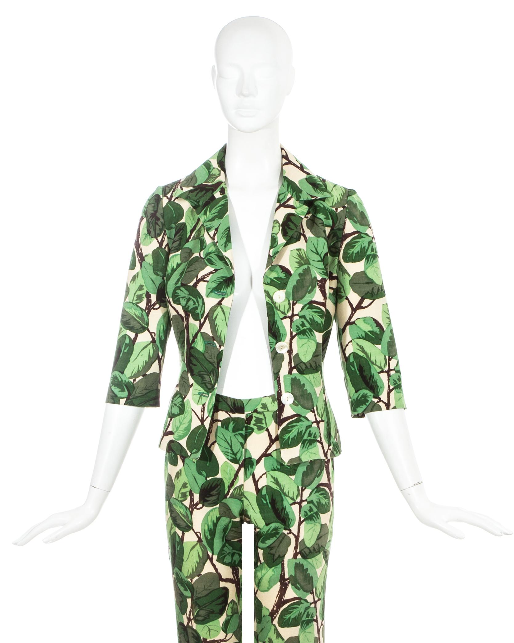 Grigio Dolce & Gabbana, pantalone in lino e seta con stampa a fogliame bianco e verde, ss 1997 in vendita