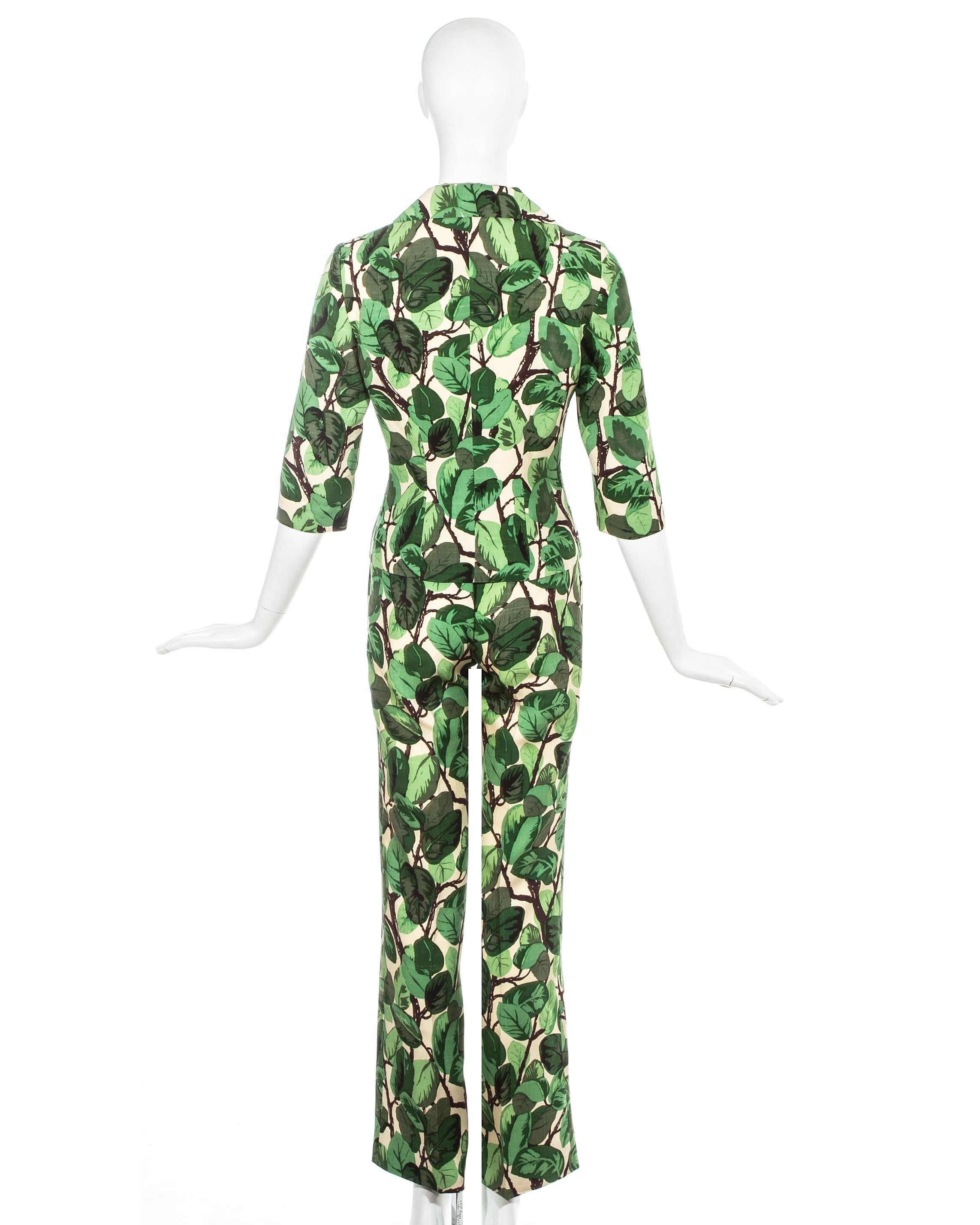 Gray Dolce & Gabbana white and green foliage print silk linen pant suit, ss 1997 For Sale