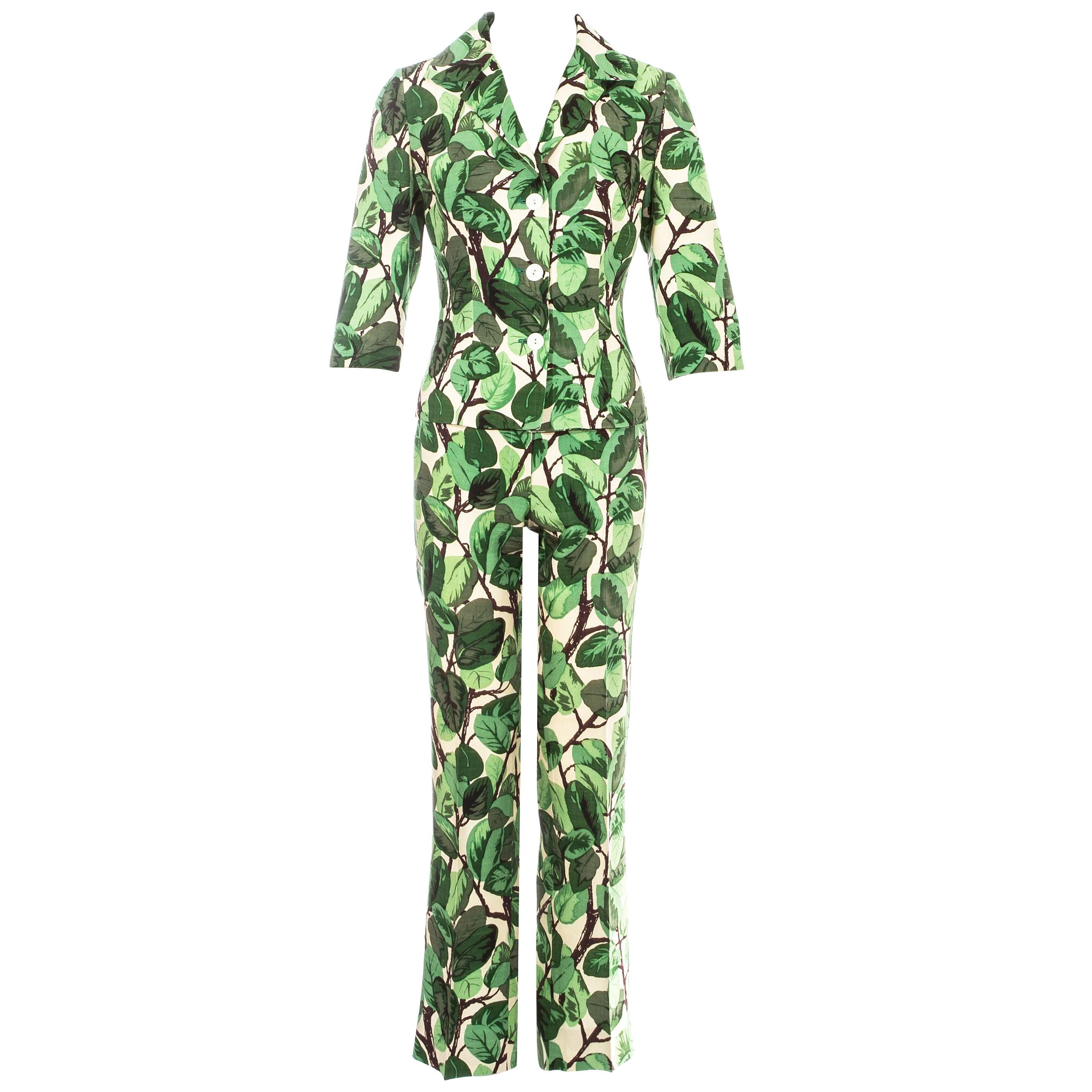 Dolce & Gabbana white and green foliage print silk linen pant suit, ss 1997
