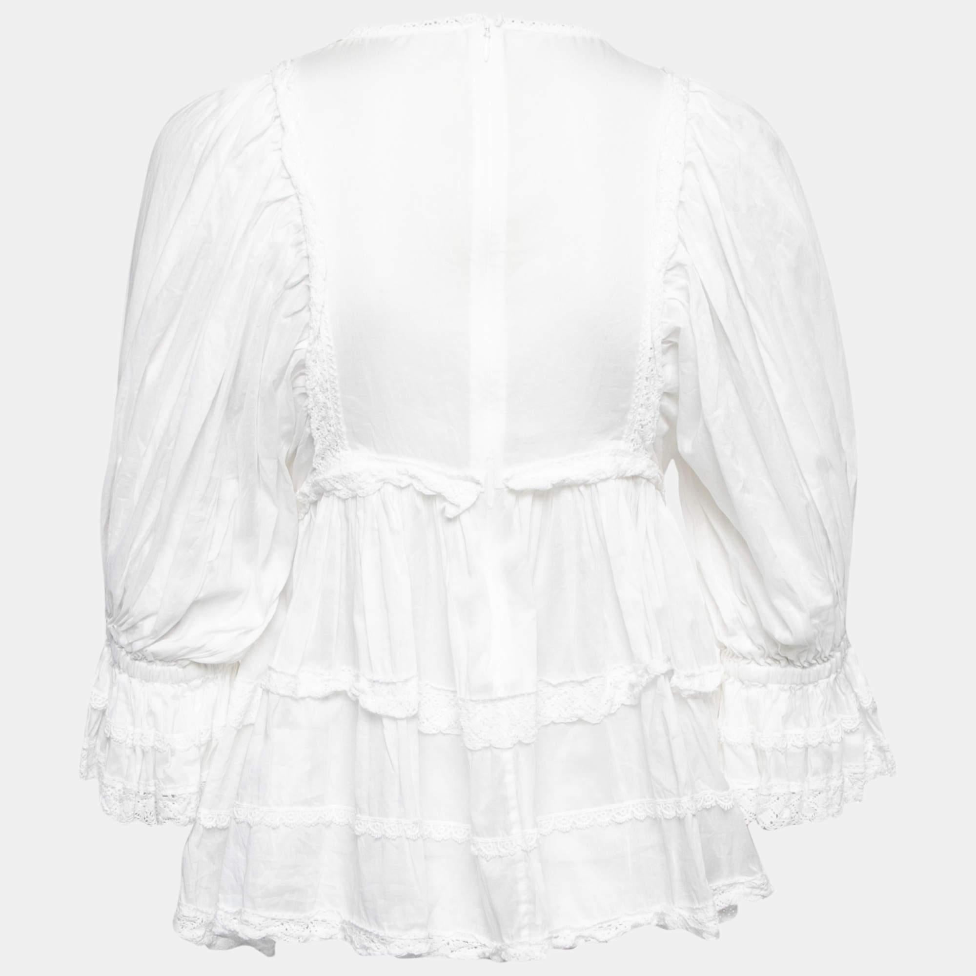 Women's Dolce & Gabbana White Batista Cotton Lace Trim Gathered Blouse S