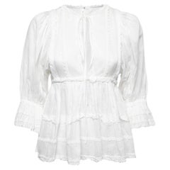 Dolce & Gabbana White Batista Cotton Lace Trim Gathered Blouse S