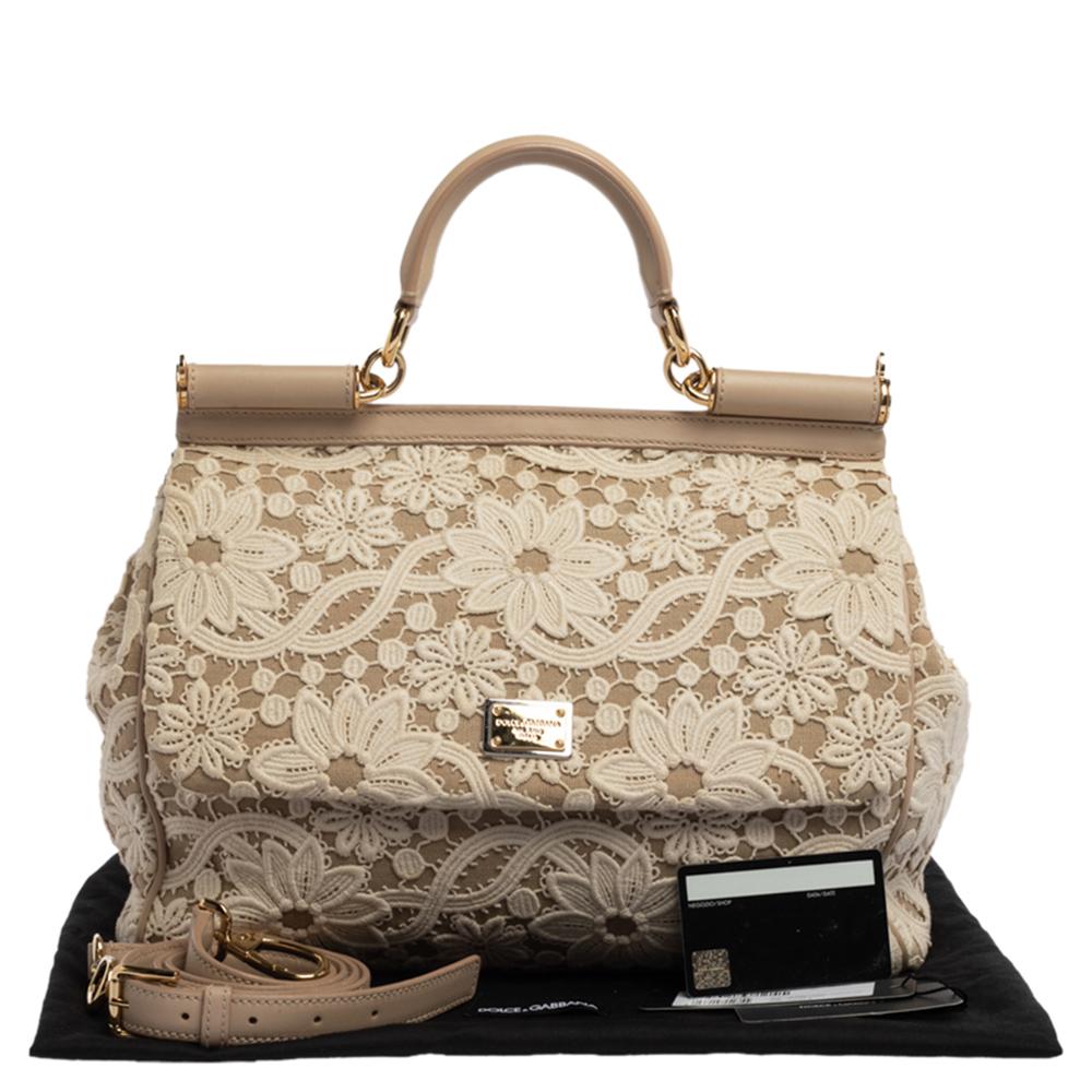 Dolce & Gabbana White/Beige Lace and Leather Large Miss Sicily Top Handle Bag 9