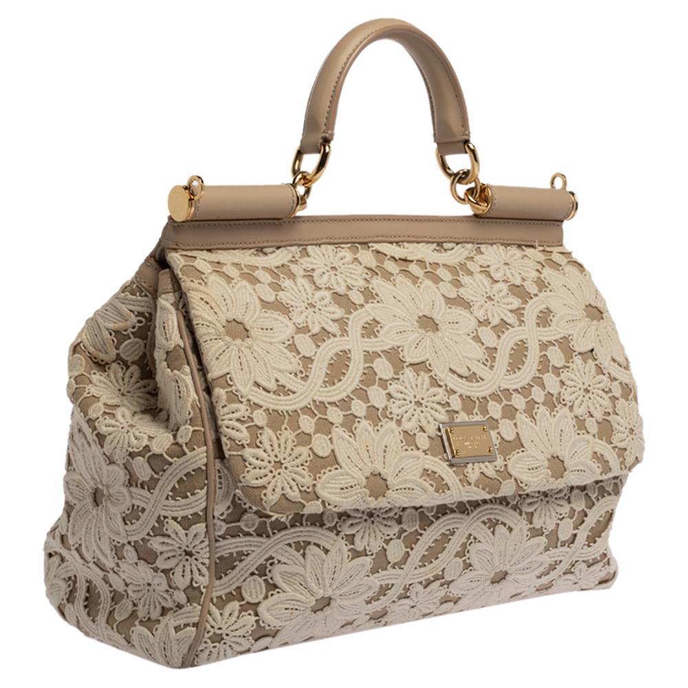 Brown Dolce & Gabbana White/Beige Lace and Leather Large Miss Sicily Top Handle Bag