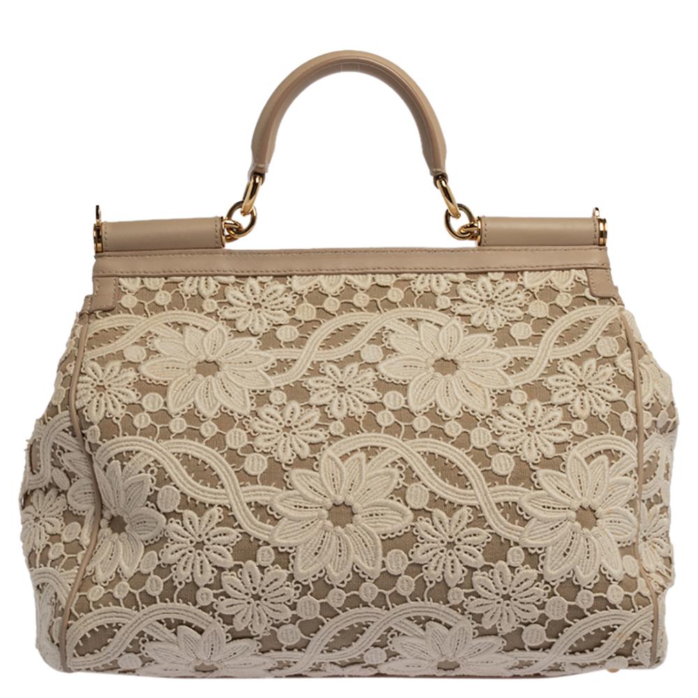 Dolce & Gabbana White/Beige Lace and Leather Large Miss Sicily Top Handle Bag In Good Condition In Dubai, Al Qouz 2