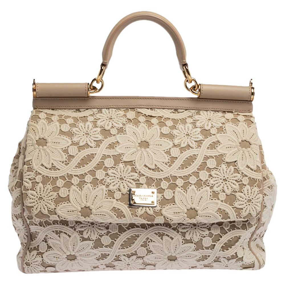 Dolce & Gabbana White/Beige Lace and Leather Large Miss Sicily Top Handle Bag