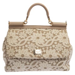 Dolce 
Gabbana White/Beige Lace and Leather Large Miss Sicily Top Handle Bag