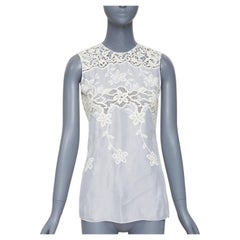 Haut à col rond en dentelle brodée de fleurs, en soie et coton, blanc et beige, Dolce & Gabbana, taille IT36, XXS