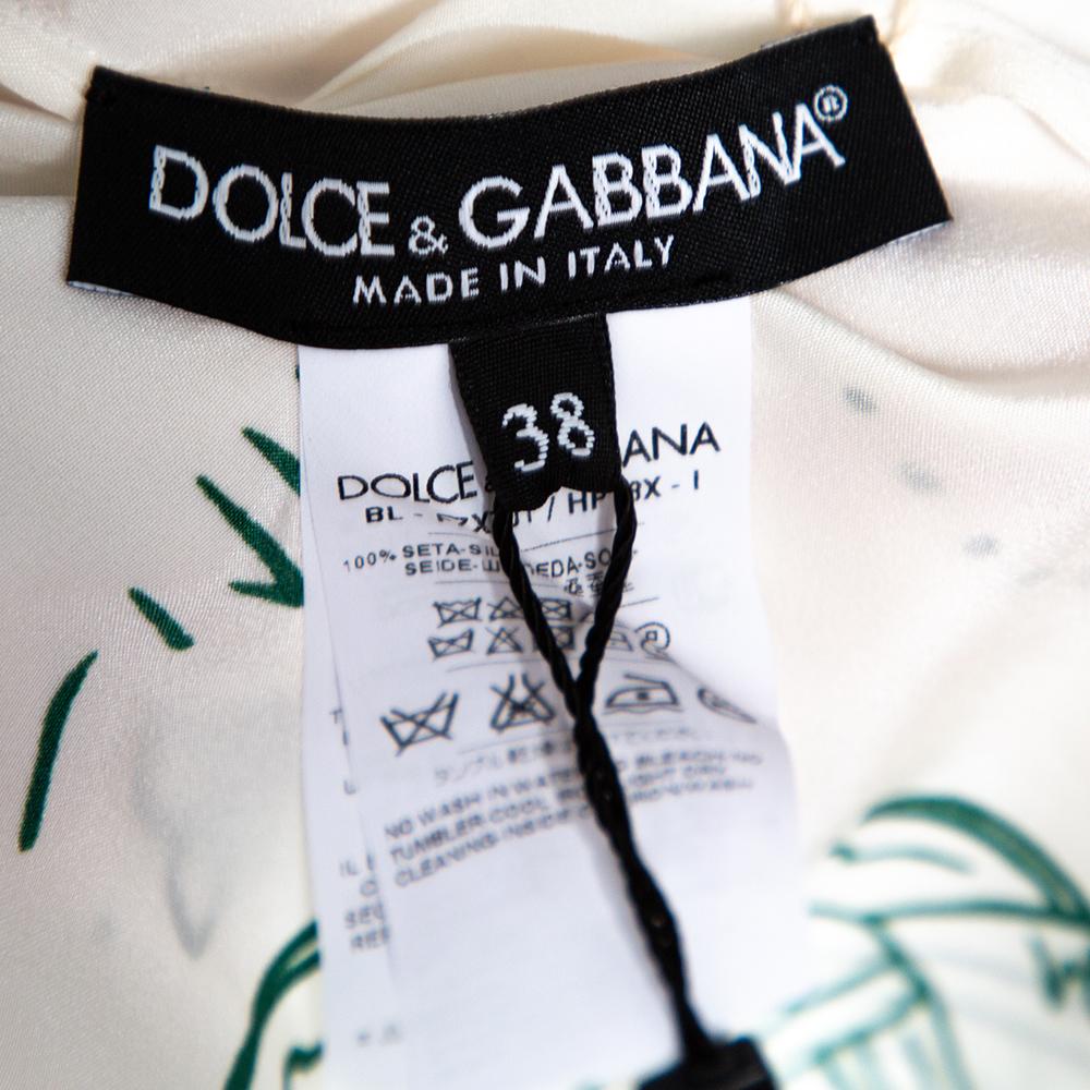 Gray Dolce & Gabbana White Bird Cage Print Silk Blouse S