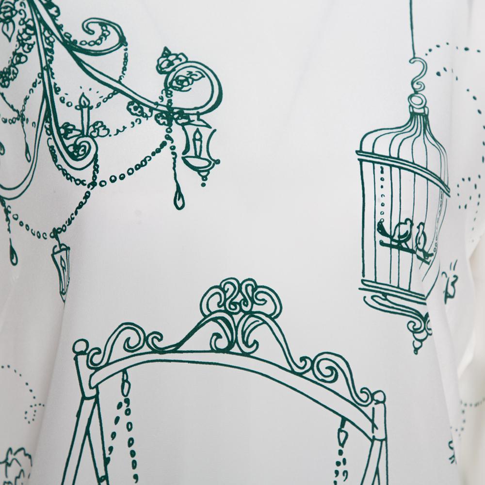 Dolce & Gabbana White Bird Cage Print Silk Blouse S In New Condition In Dubai, Al Qouz 2