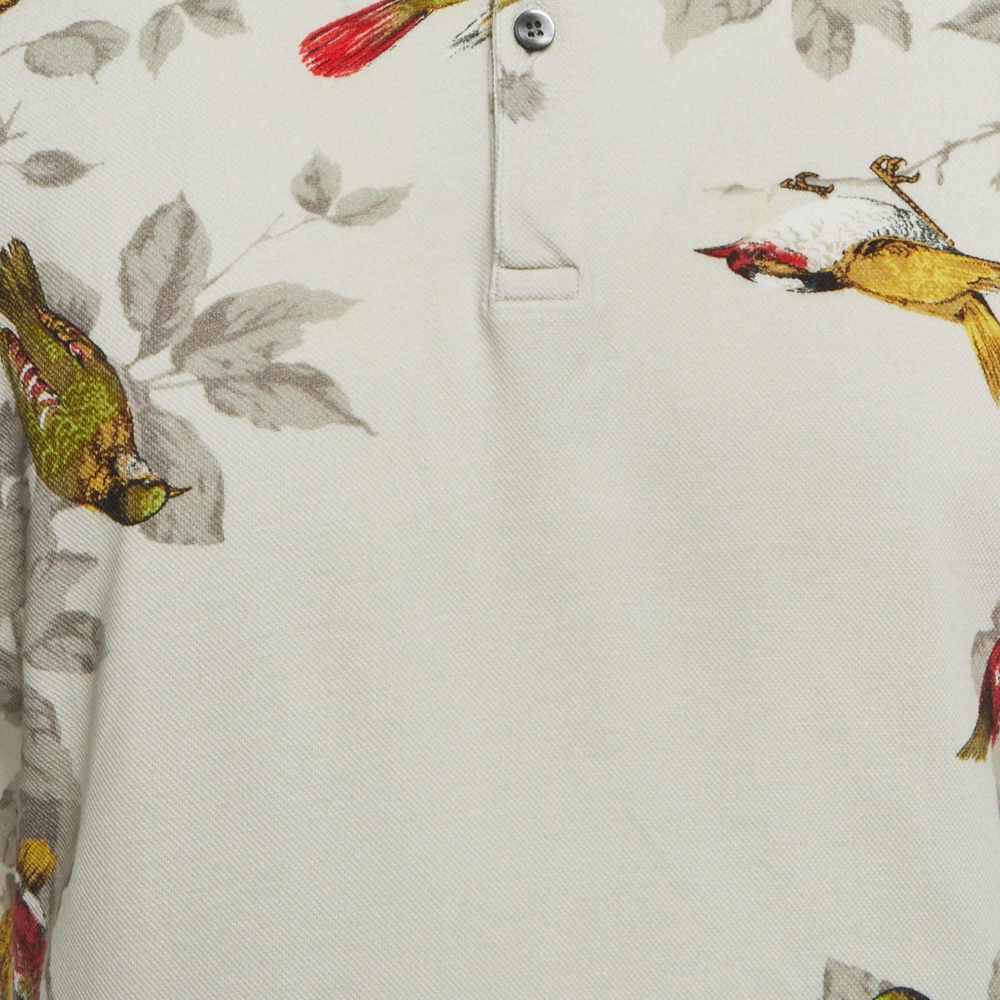 Dolce & Gabbana White Birds Print Cotton Pique Polo T-Shirt M In Good Condition In Dubai, Al Qouz 2