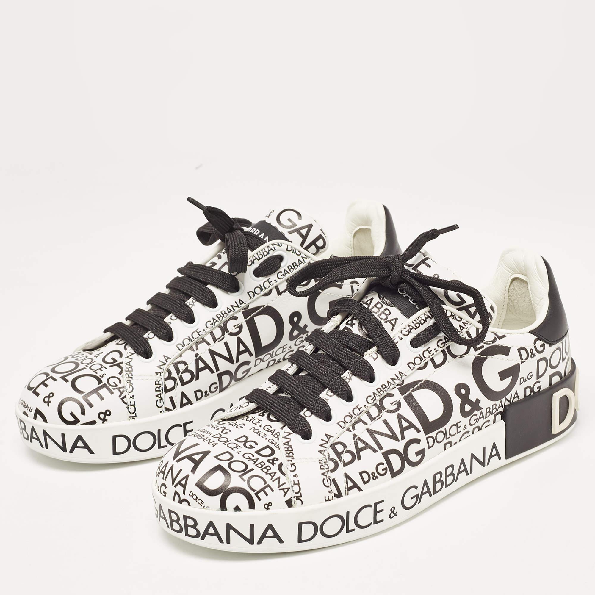 Gray Dolce & Gabbana White/Black Leather Logo Print Portofino Low Top Sneakers Size 3