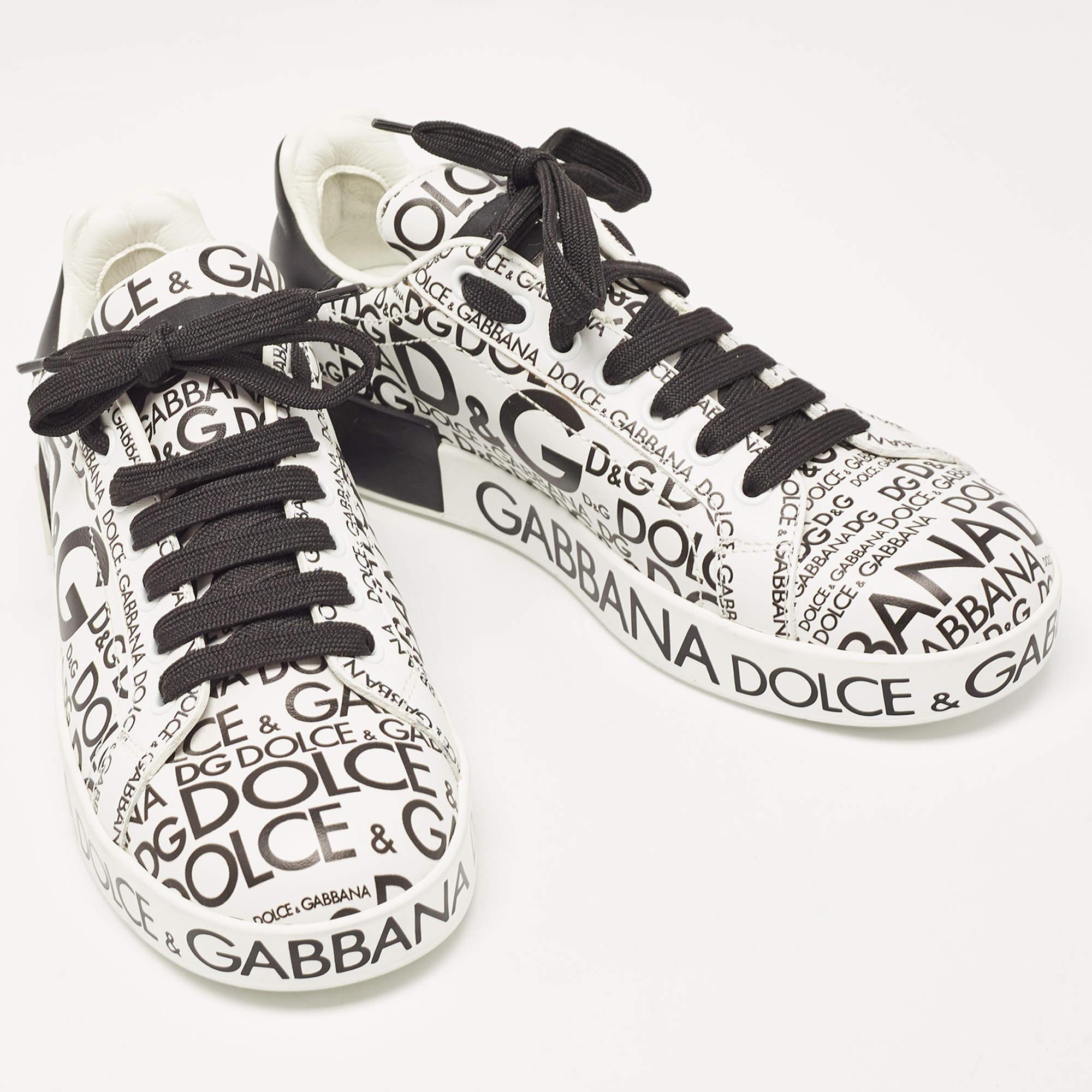 Dolce & Gabbana White/Black Leather Logo Print Portofino Low Top Sneakers Size 3 In Excellent Condition In Dubai, Al Qouz 2