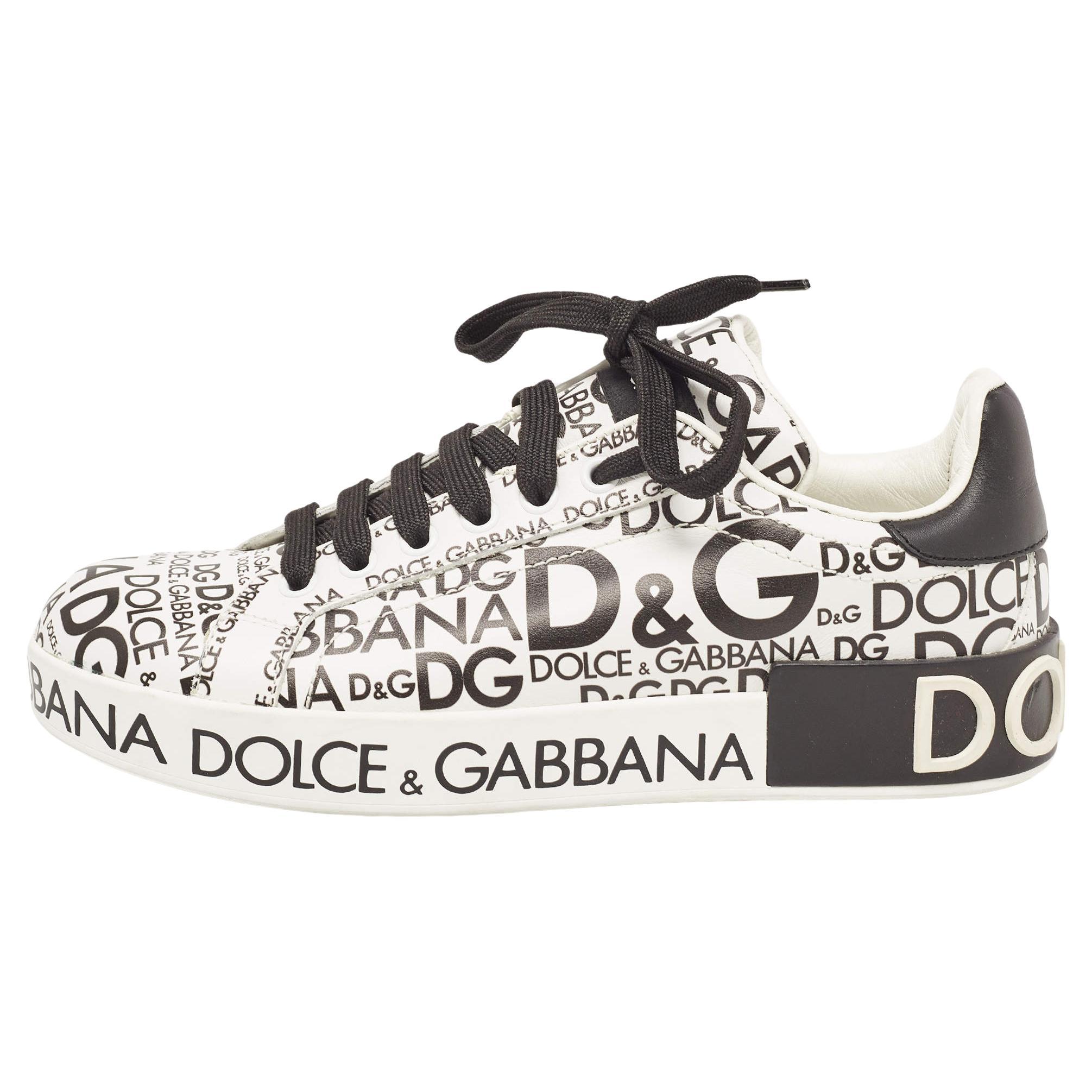 Dolce & Gabbana White/Black Leather Logo Print Portofino Low Top Sneakers Size 3