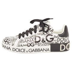 Dolce & Gabbana White/Black Leather Logo Print Portofino Low Top Sneakers Size 3