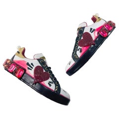 Dolce & Gabbana White Black Pink Leather Royal Queen Sneakers Trainers Portofino