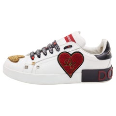 Dolce & Gabbana White/Black Portofino Embellished Logo Sneakers Size 39.5