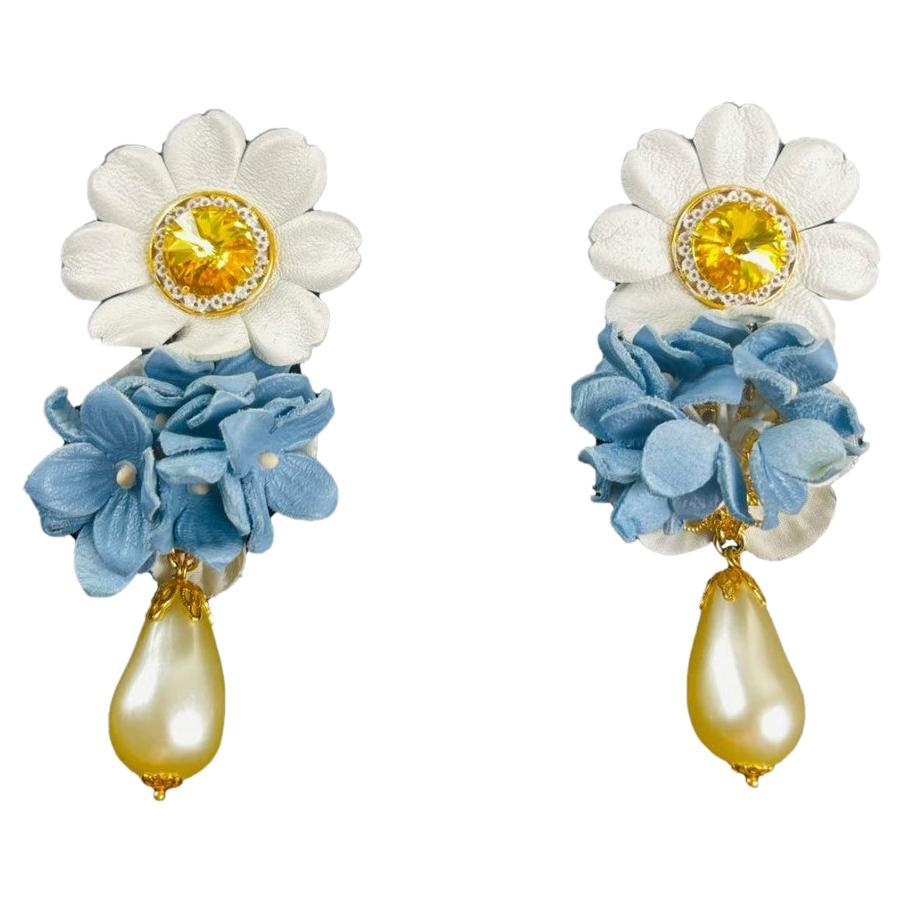 Dolce & Gabbana White Blue Crystal Pearls Floral Daisies Clip-on Dangle Earrings