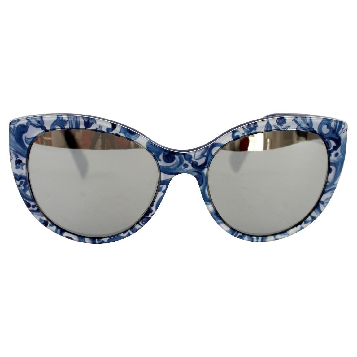 Dolce Gabbana White Blue Floral Mirror Sunglasses