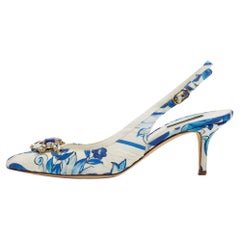 Dolce & Gabbana White/Blue Lurex Crystal Embellished Slingback Pumps Size 40
