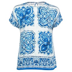Dolce & Gabbana Weißes/Blaues Oberteil mit Majolika-Druck S