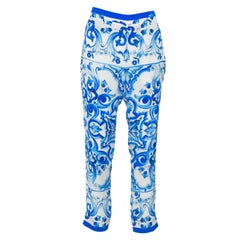 Dolce & Gabbana White & Blue Majolica Printed Silk Tapered Leg Trousers M
