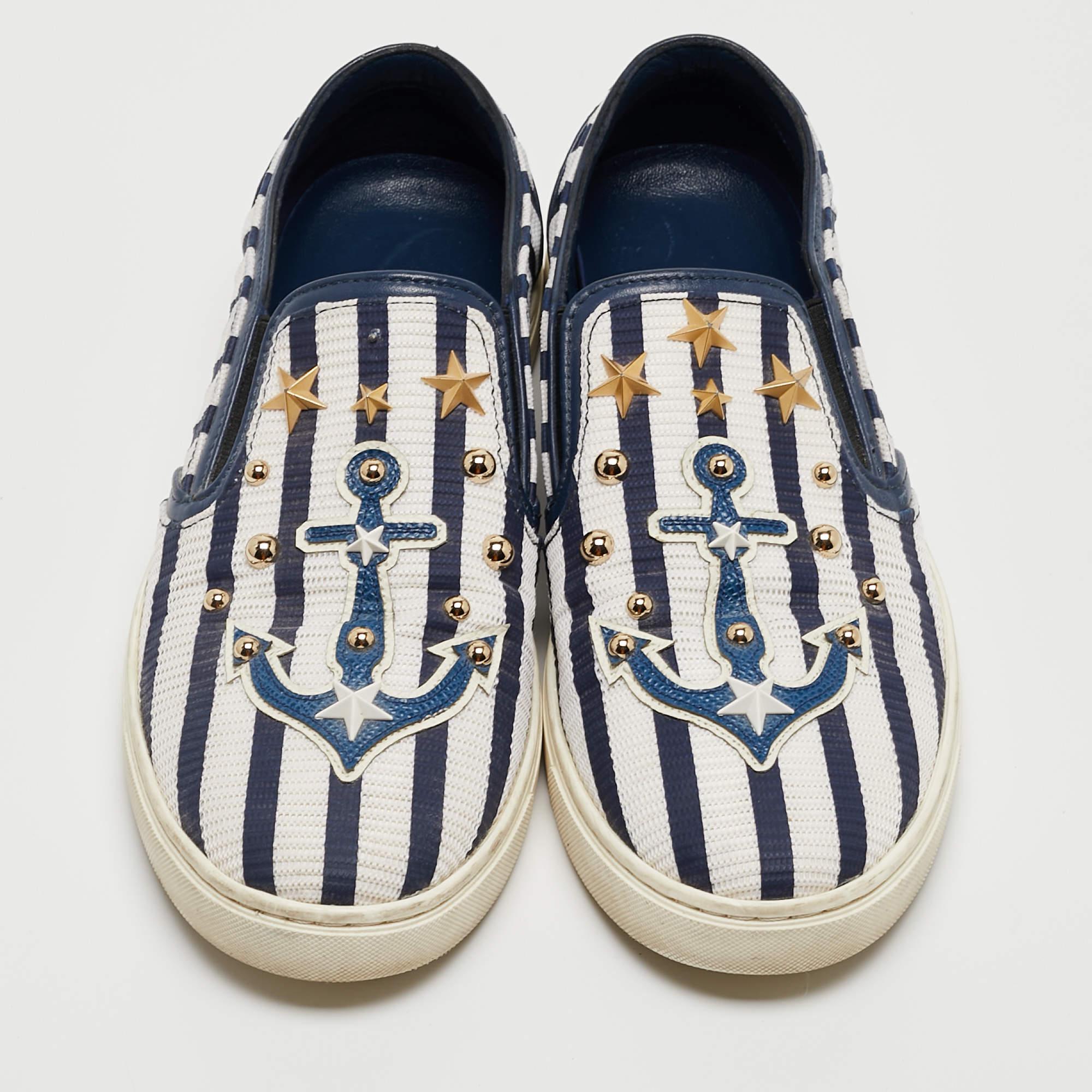 Beige Dolce & Gabbana White/Blue Mesh and Leather Studded Slip On Sneakers Size 36 For Sale